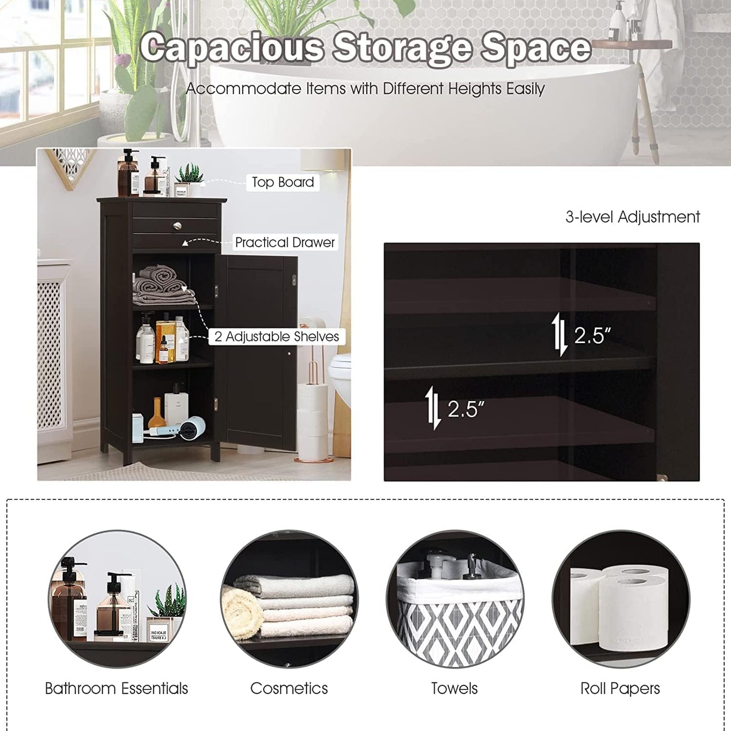 HAPPYGRILL Bathroom Floor Cabinet, Single Door Floor Storage Cabinet Organizer with Drawer and 3-Level Adjustable Shelves, Bathroom Cabinets Freestanding with Anti-Tipping Device for Living Room