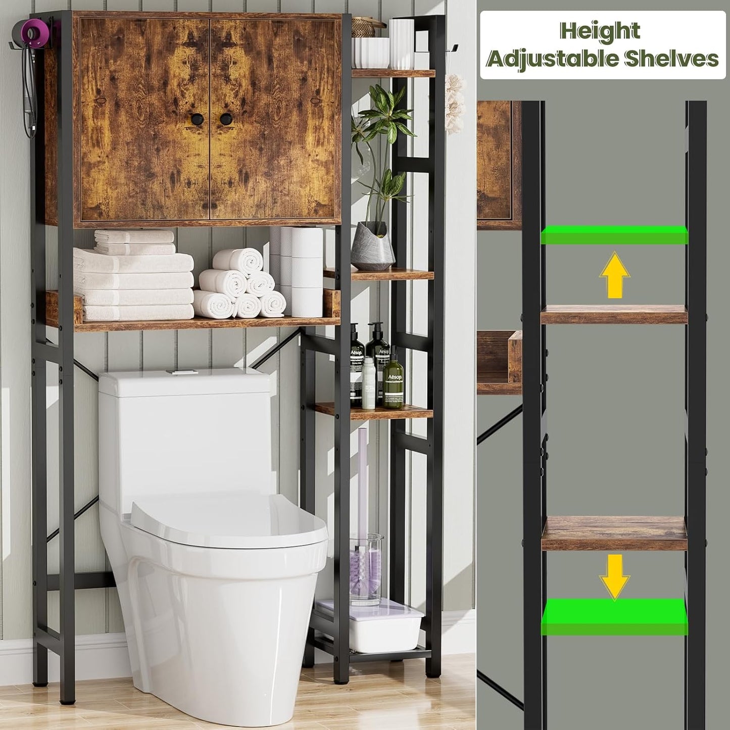 Over The Toilet Storage Cabinet with Doors - 7 Tier Bathroom Organizer with Adjustable Shelf, Freestanding Space Saver Rack Above Toilet Stand with 4 Hooks for Bathroom, Restroom, Laundry, Rustic