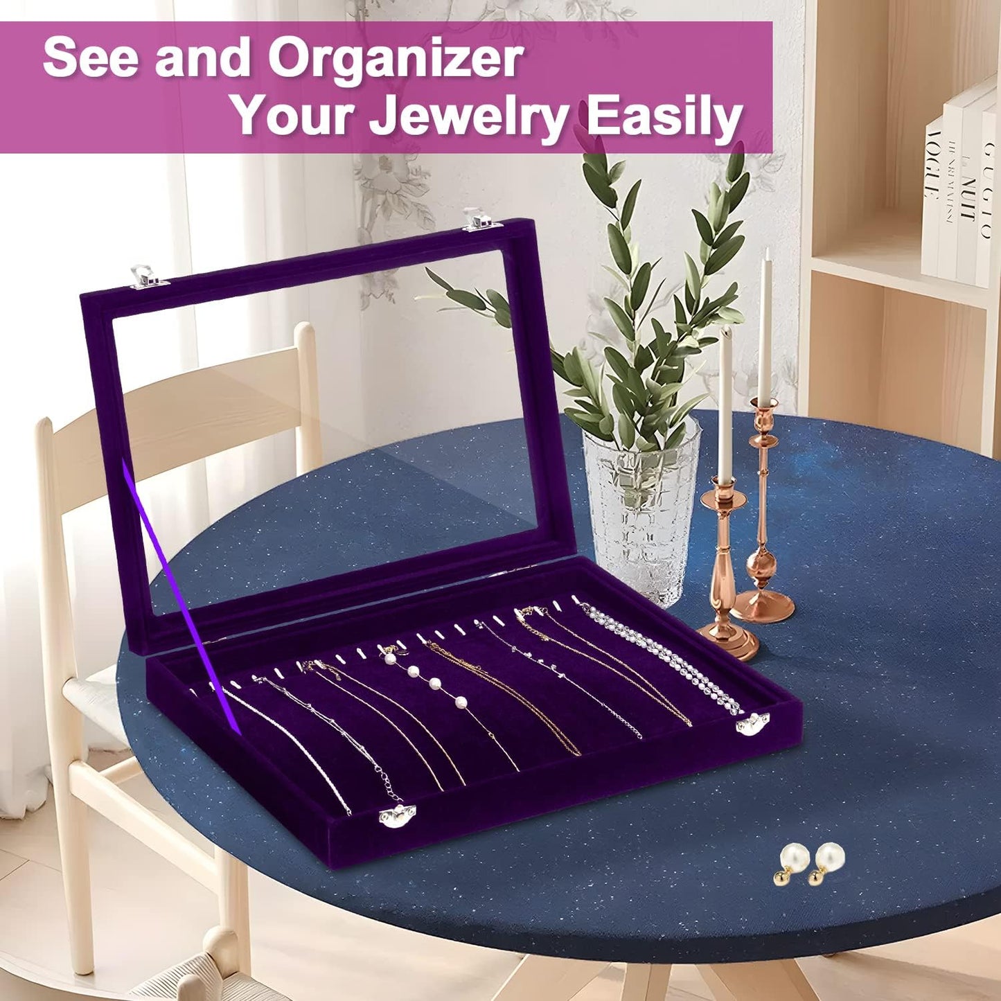 Jenseits Necklace Holder Jewelry Organizer Box, Dustproof Velvet Necklace Tray Jewelry Display With Clear Lid, Preppy Jewelry Holder, Long Necklaces Pendants Organizer, Gifts For Women Girls - Purple