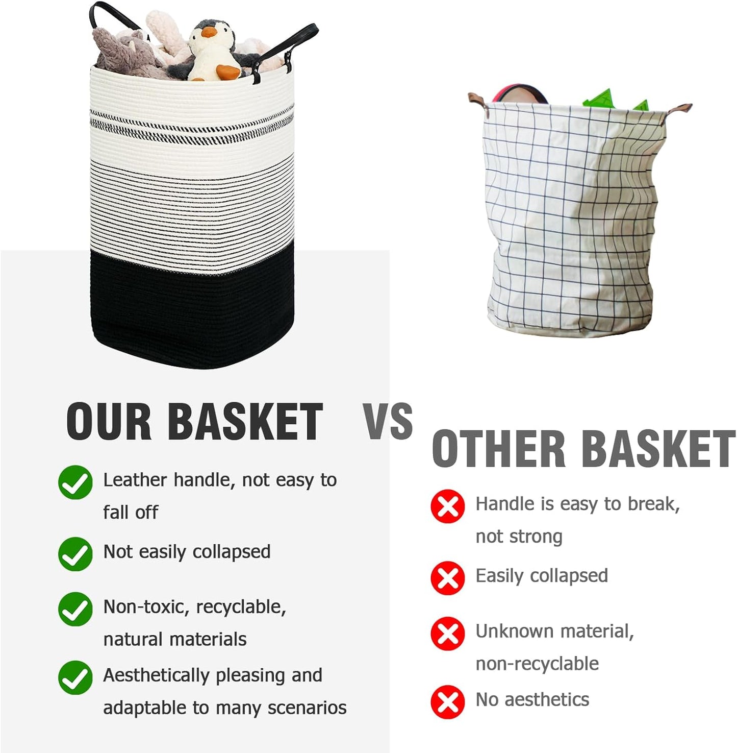 danpinera 75L Woven Laundry Hamper with Long Leather Handles, Baby Laundry Basket for Nursery, Tall Hampers for Bedroom Aesthetic, Decorative Clothes Storage Basket for Family White & Black