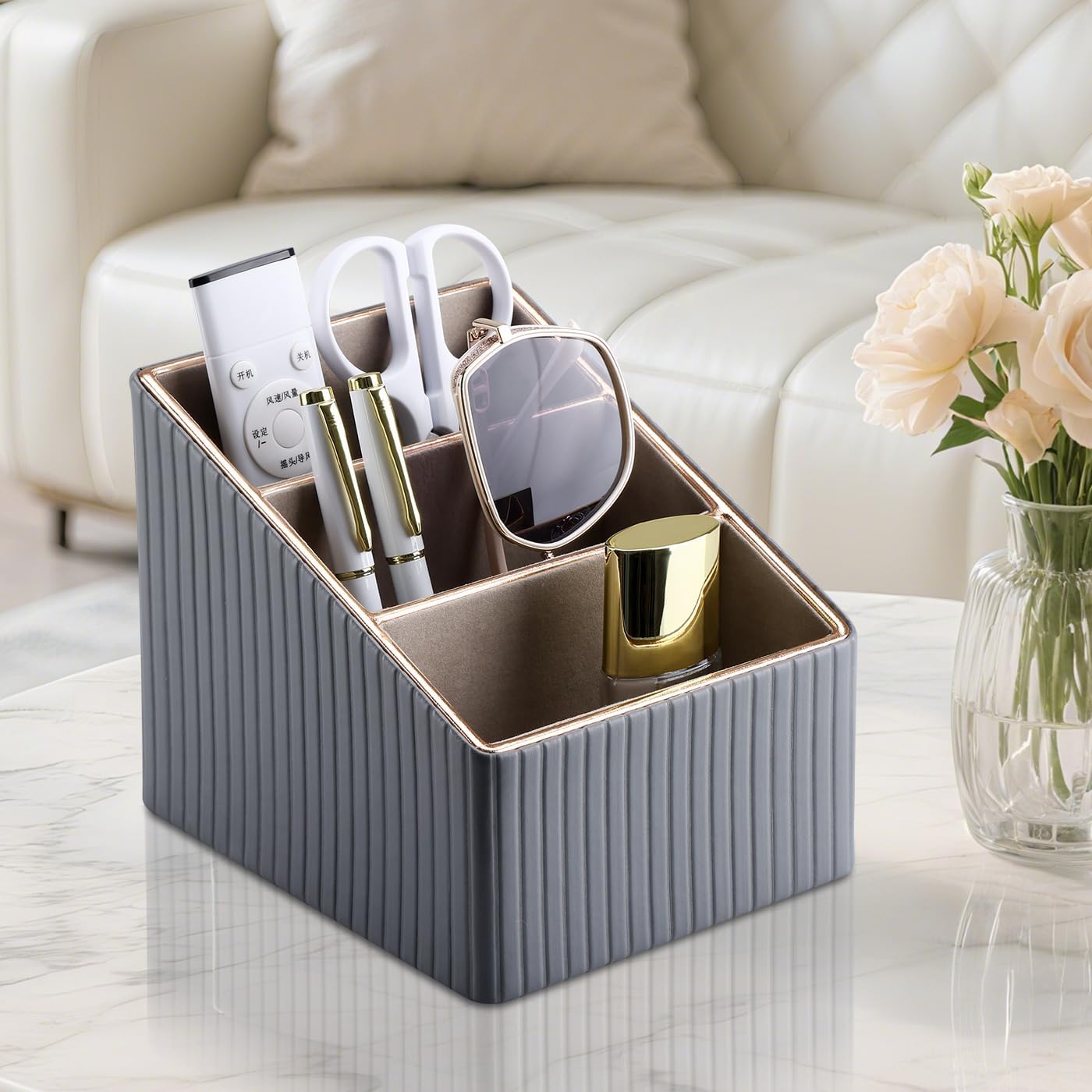 KINGFOM 3 Slot PU Leather Remote Controller Holder, Home Sundries Storage Box, TV Guide/Mail/CD Organizer/Caddy/Holder with Free Cable Desk Organizer (Grey)