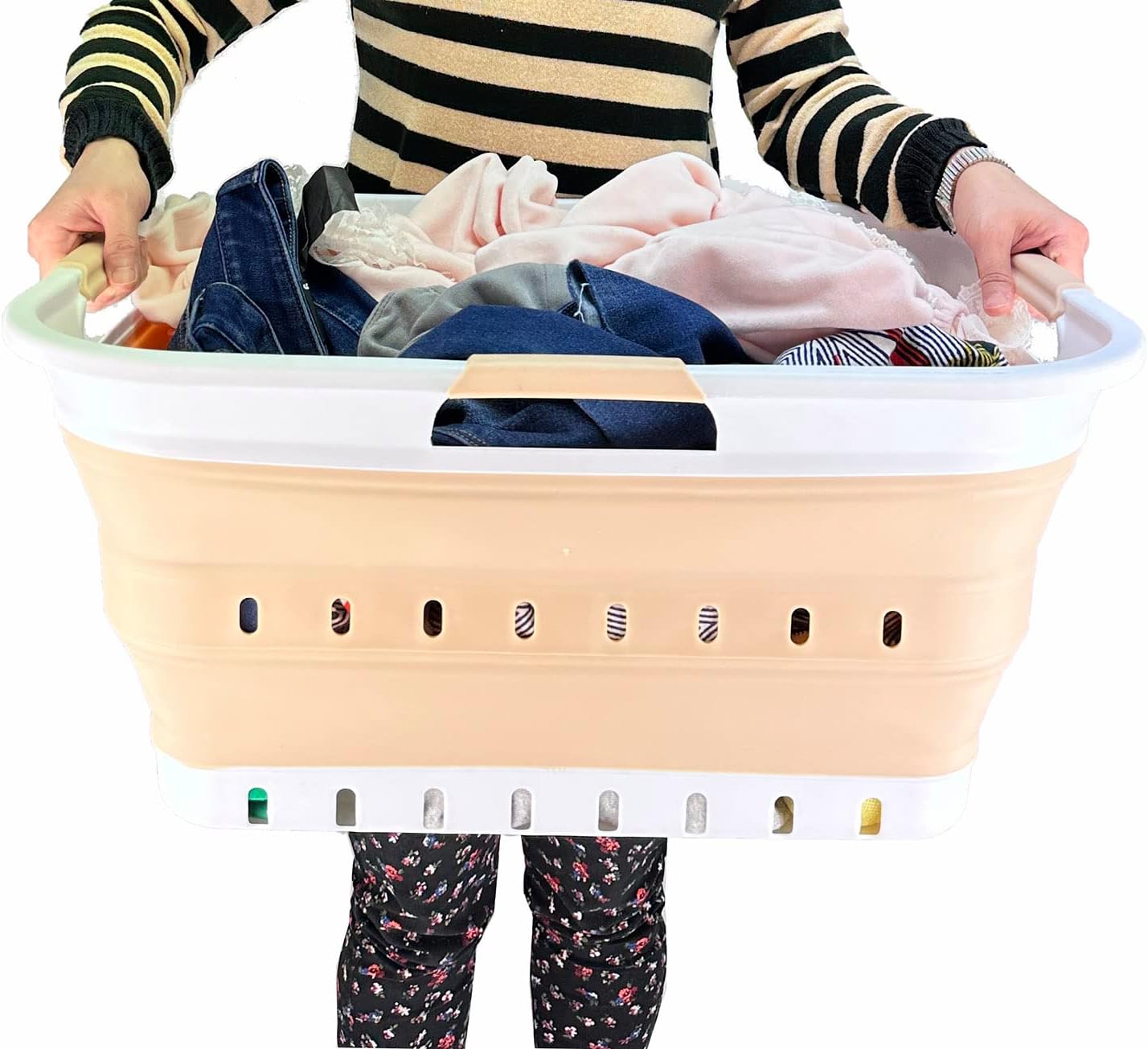 SAMMART 42L (11 gallon) Collapsible Plastic Laundry Basket - Foldable Pop Up Storage Container/Organizer - Portable Washing Tub - Space Saving Hamper/Basket (White/Latte)