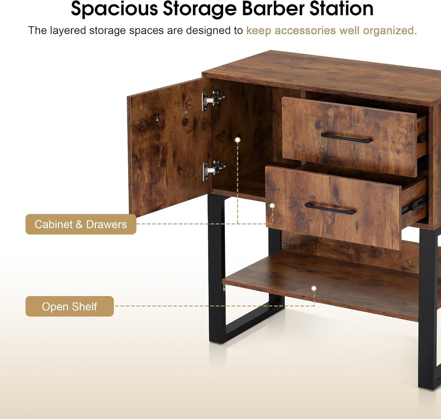 BarberPub Styling Barber Station, Wall Mount Storage Cabinet, Salon Equipment for Hair Stylist, Spa Beauty Makeup Organizer, Bathroom Dresser with Drawers & Shelf 3185 (Brown & Black)