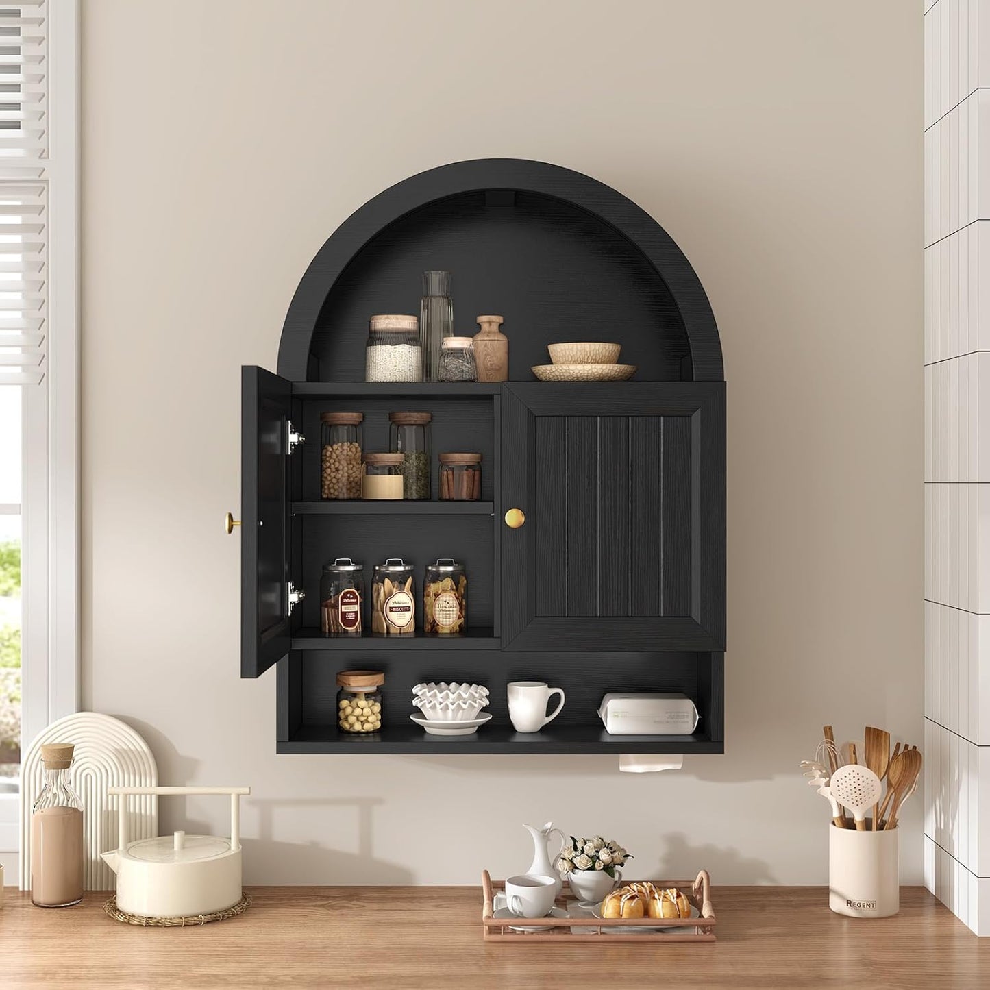 Arched Bathroom Wall Cabinet, 27.4 x 36.4'' Over The Toilet Cabinet with Grille Door, Adjustable Shelf, Wall Mounted Cabinets for Bathroom Laundry Room Kitchen (Black, 36IN)