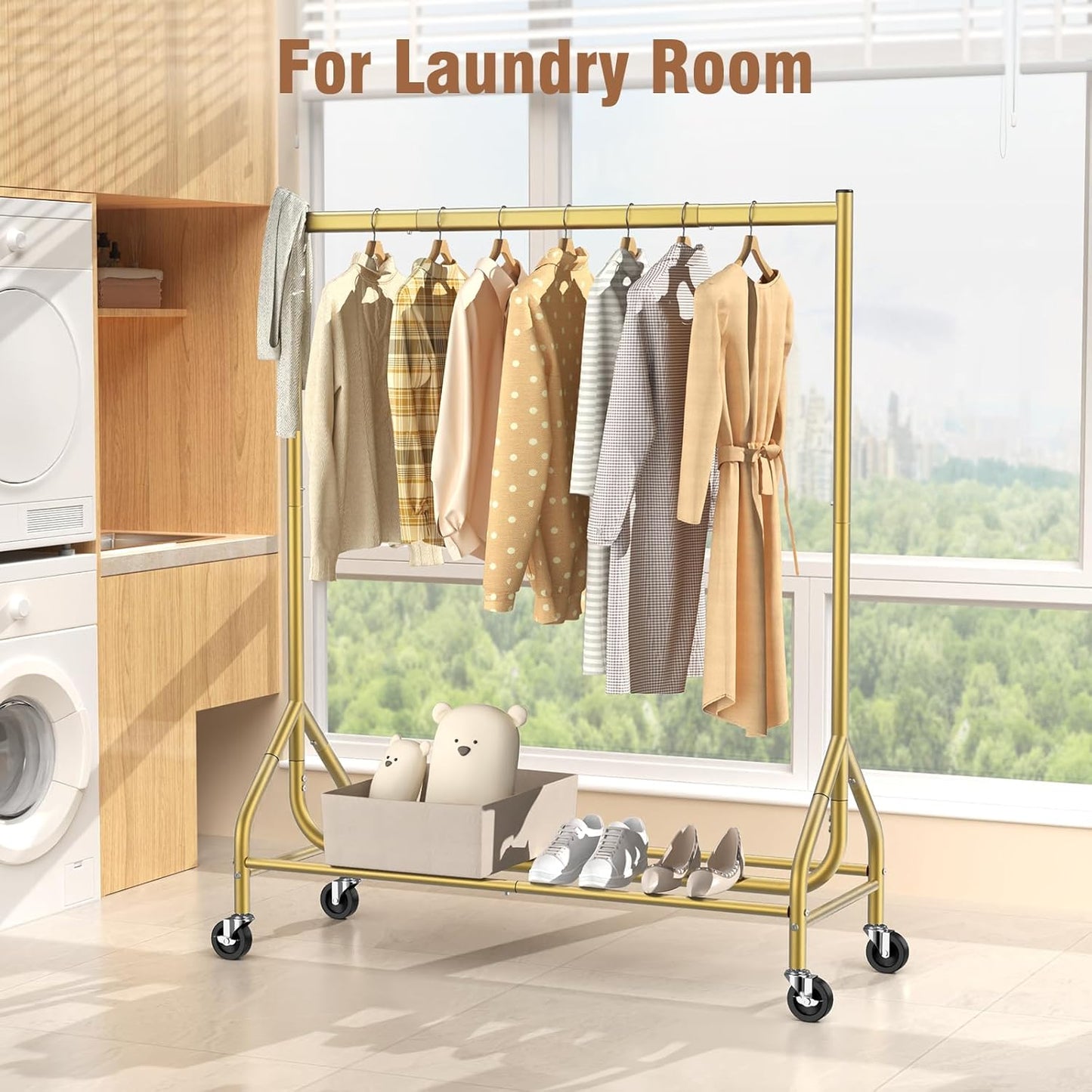 EAGMAK Heavy Duty Clothes Rack Load 420 LBS, Rolling Garment Rack with Lockable Wheels, Standing Metal Clothing Rack, Portable Wardrobe Sturdy Coat Rack for Hanging Clothes (Gold, 47.2″×18.9″×63″)