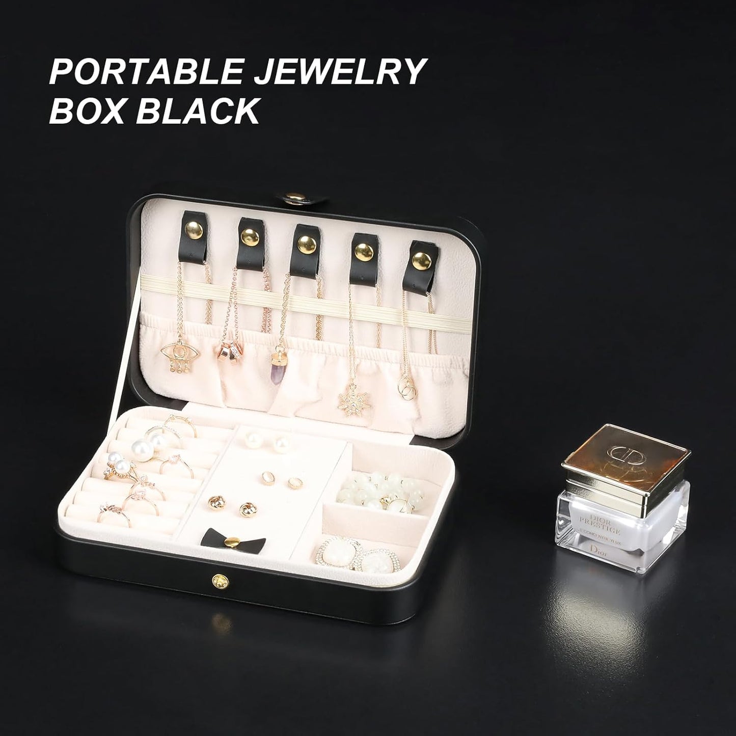 Small Jewelry Box, Travel Jewelry Case Portable Jewelry Boxes for Women, 2-Layer Mini Jewelry Travel Organizer, Gift for Women Girls,Black D
