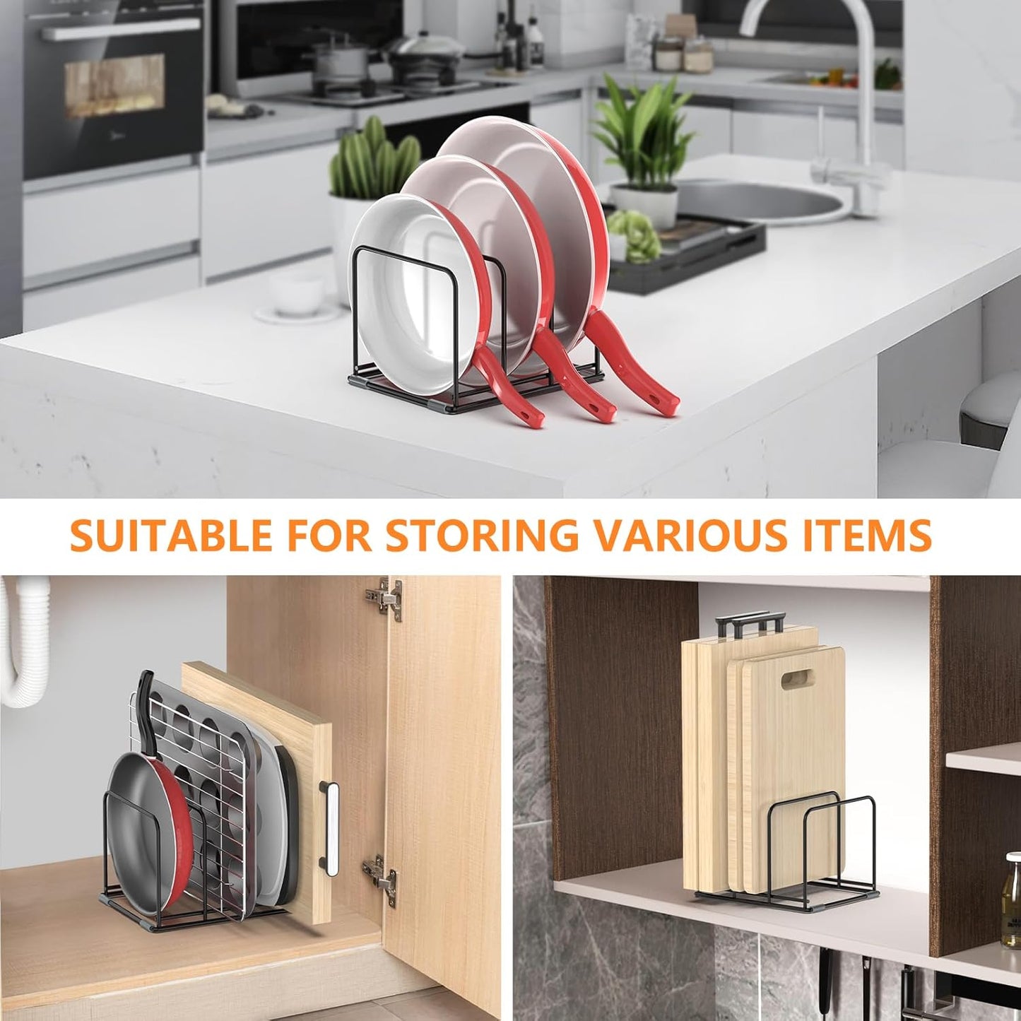 Kitchen Cabinet Organizer, 2PCS Steel Cookware Holder, Divided Holder with 3 Slots for Skillets Baking Tray and Chopping Board Rack - Pan Holder Storage (2.2 Inch Width Slots)