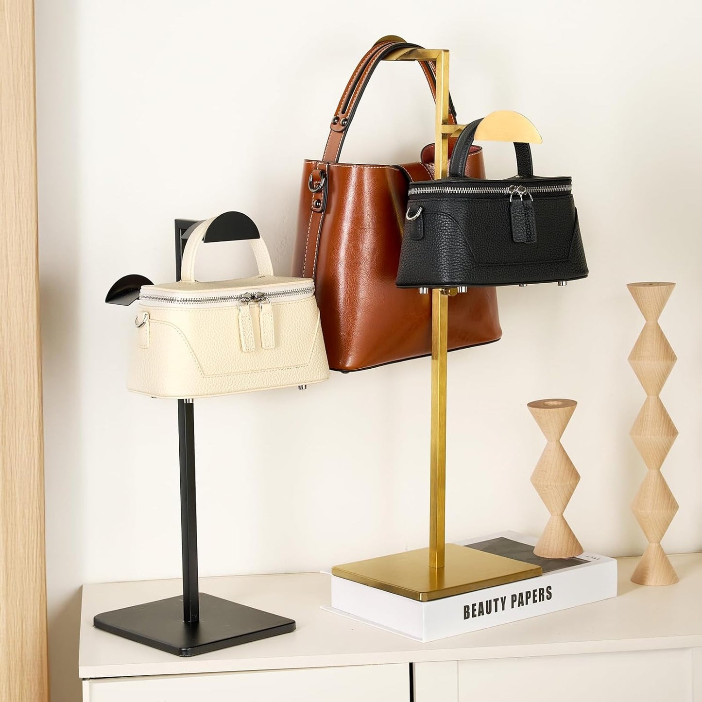 Two Tiers Handbag Display Stands - 2PCS Stainless Steels Purse Stand Holder Adjustable Height Purse Display for Retail Luxury Bag Organizer Home Store Boutique Retail Closet Gold Color