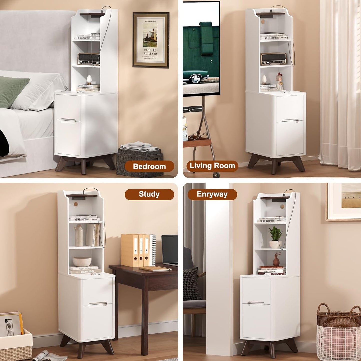 Tall Nightstand with Charging Station, Narrow Side Table with Bookshelf, 47" Tall Free Standing Wooden Night Stand with 2 Drawers and 4 Open-Shelves, Modern End Bedside Table for Bedroom, White