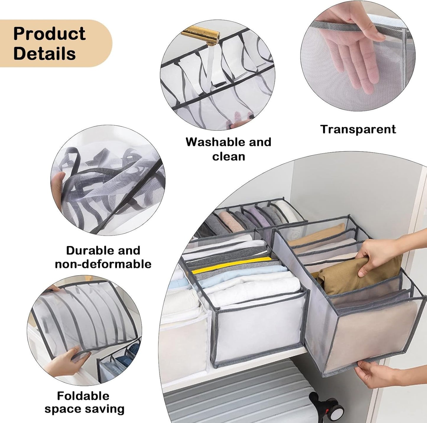 7 Grids Washable Wardrobe Clothes Organizer,Clothing Storage Bins,Drawer Organizer for Clothing,Drawer Dividers for Clothes, Mesh Separation Box for Underwear, Socks, Scarves, Jeans