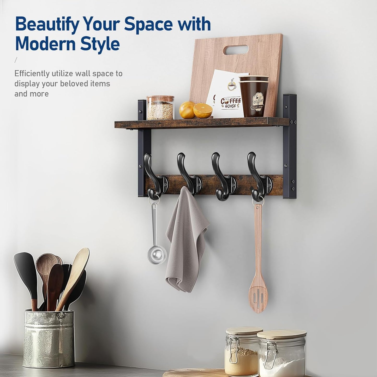 Tatub 16" Rustic Coat Rack Wall Mount with Shelf, Wall Hooks with Shelf, Heavy Duty Entryway Organizer Hangers for Hanging, Hat, Bag, Jacket for Bathroom, Living Room, Bedroom
