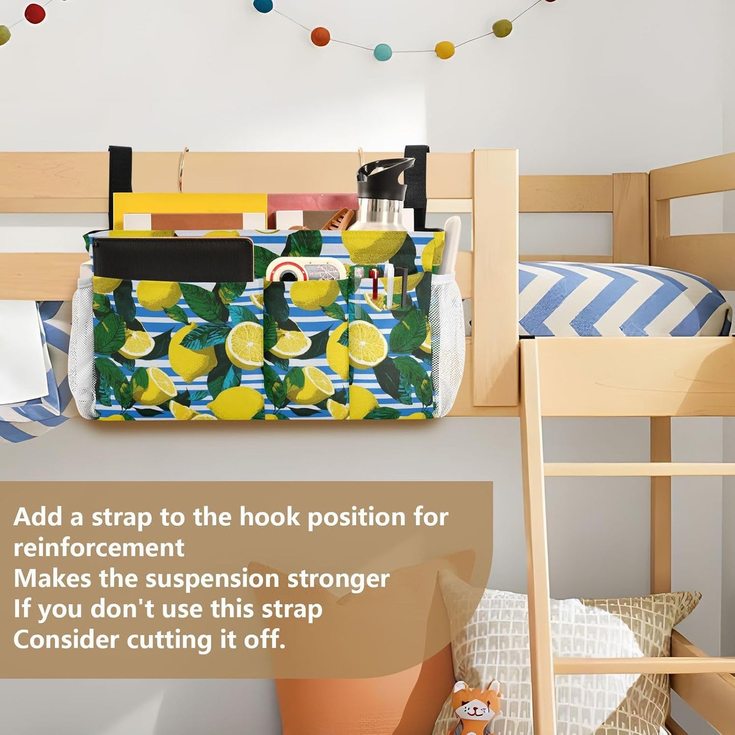White and Blue Striped Lemons Bedside Caddy for Dorm Bed Bedside Hanging Caddy Bag Iron Frame Storage Organizer Pocket for Bunk Home College Hospital Beds 2 Hooks