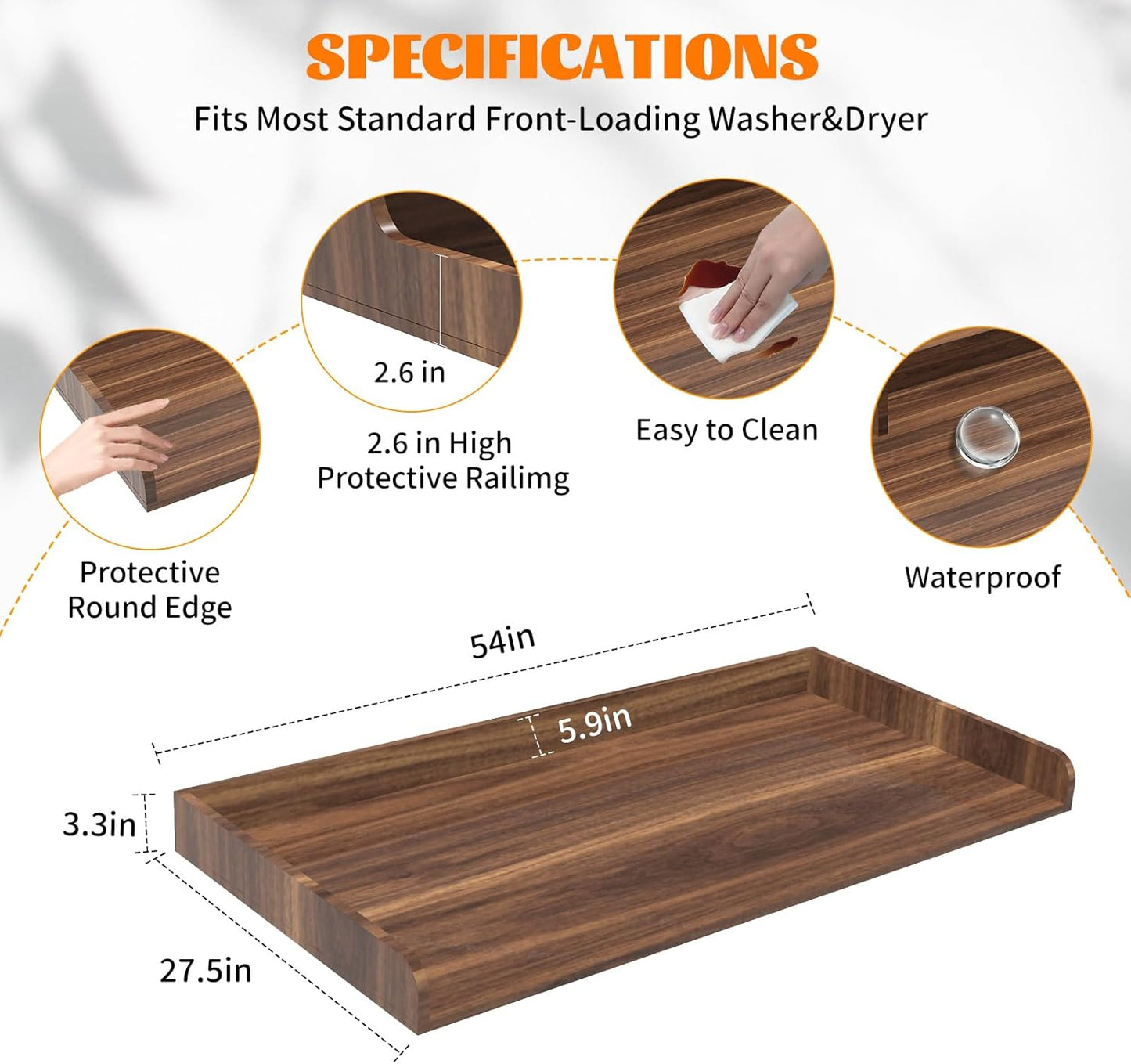 Washer Dryer Countertop, Laundry Room Wood Countertop with Edge, 54" x 27.5" Top Cover for Laundry Machine, Washer and Dryer Wood Shelf Topper for Laundry Room Counter Storage Organization, Walnut