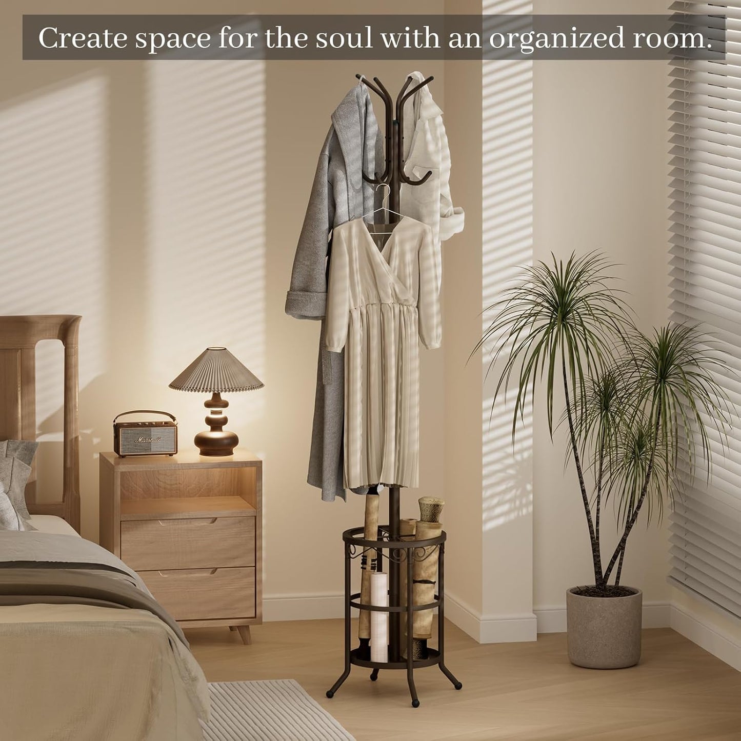 Coat Rack Freestanding With Umbrella Holder – Metal Hall Tree with 12 Hooks, Entryway Organizer for Hats, Bags, and Clothes (Brown)