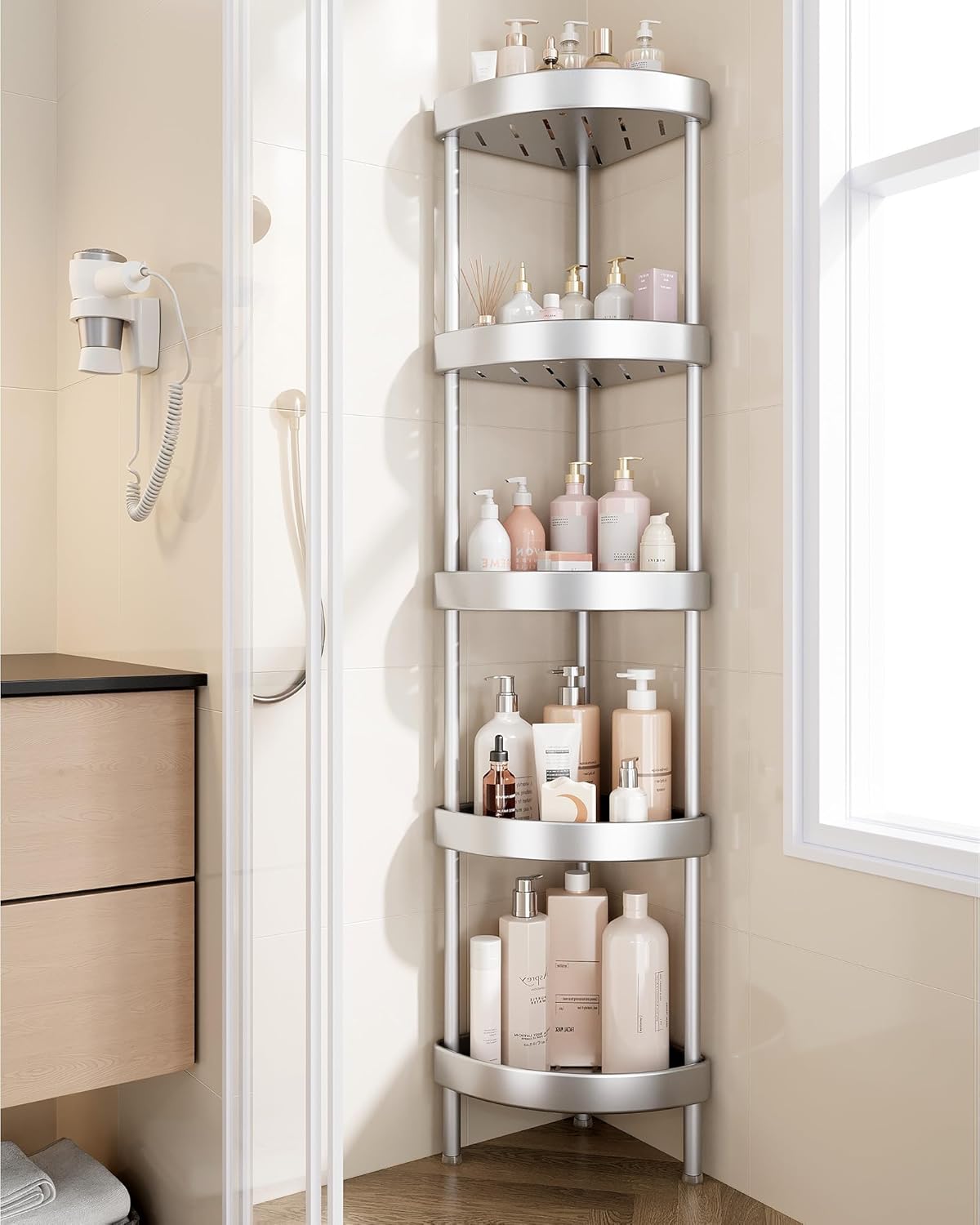 Nieifi Corner Shower Caddy Stand-5 Tier Rustproof Anodized Aluminum Standing Shower Organizer-Shower Caddy Corner-Dual Stability to Anti-Shaking-Height-Adjustable Legs for Uneven Surfaces-Silver