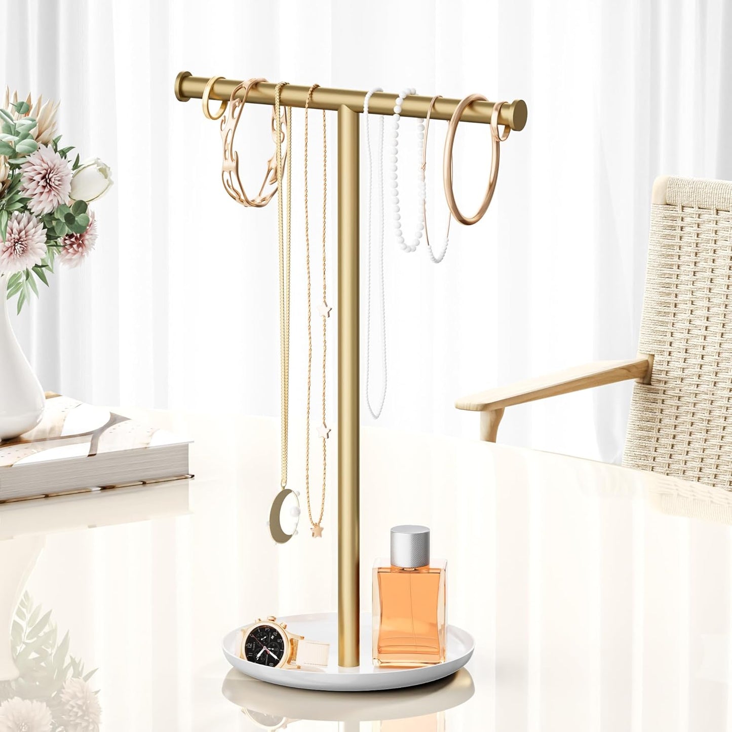 Gold Necklace Organizer Stand with Storage Tray - 12.6" Tall T-Shaped Jewelry Holder Stand for Bracelets, Earrings, Rings | Stylish Home & Vanity Décor for Women.