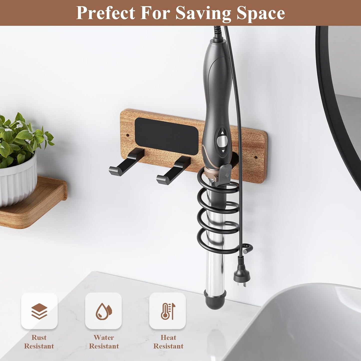 Tindbea Hair Dryer Holder Curling Iron Holder, Blow Dryer Holder Wall Mount, Bathroom Hair Tool Organizer Rack for Universal Dryer, Sapele Wood Matte Black