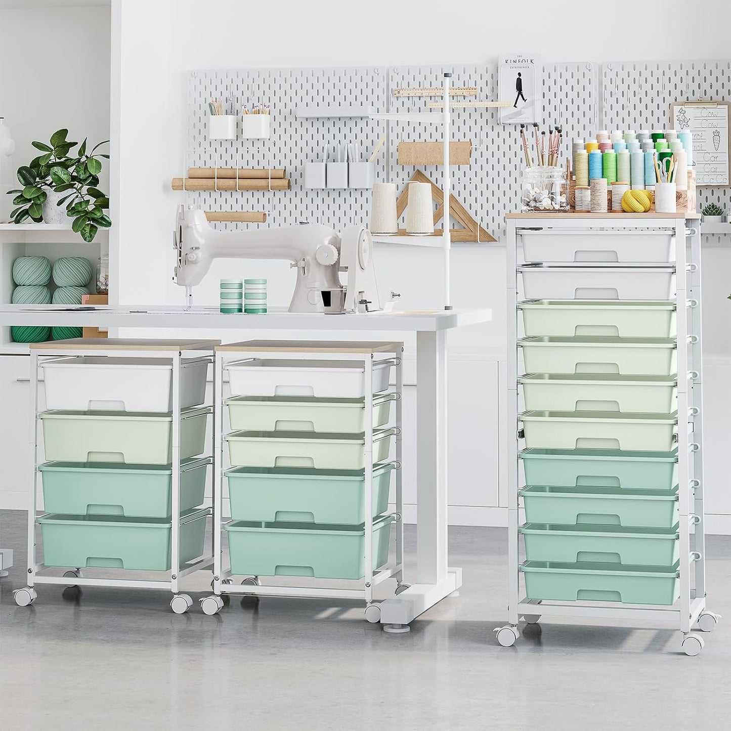 Rolling Cart with Drawers,10 Drawer Rolling Cart,Storage Cart,Utility Cart,Teacher Cart for Classroom Storage,Craft Cart with Wheels and Wooden Tabletop,Green