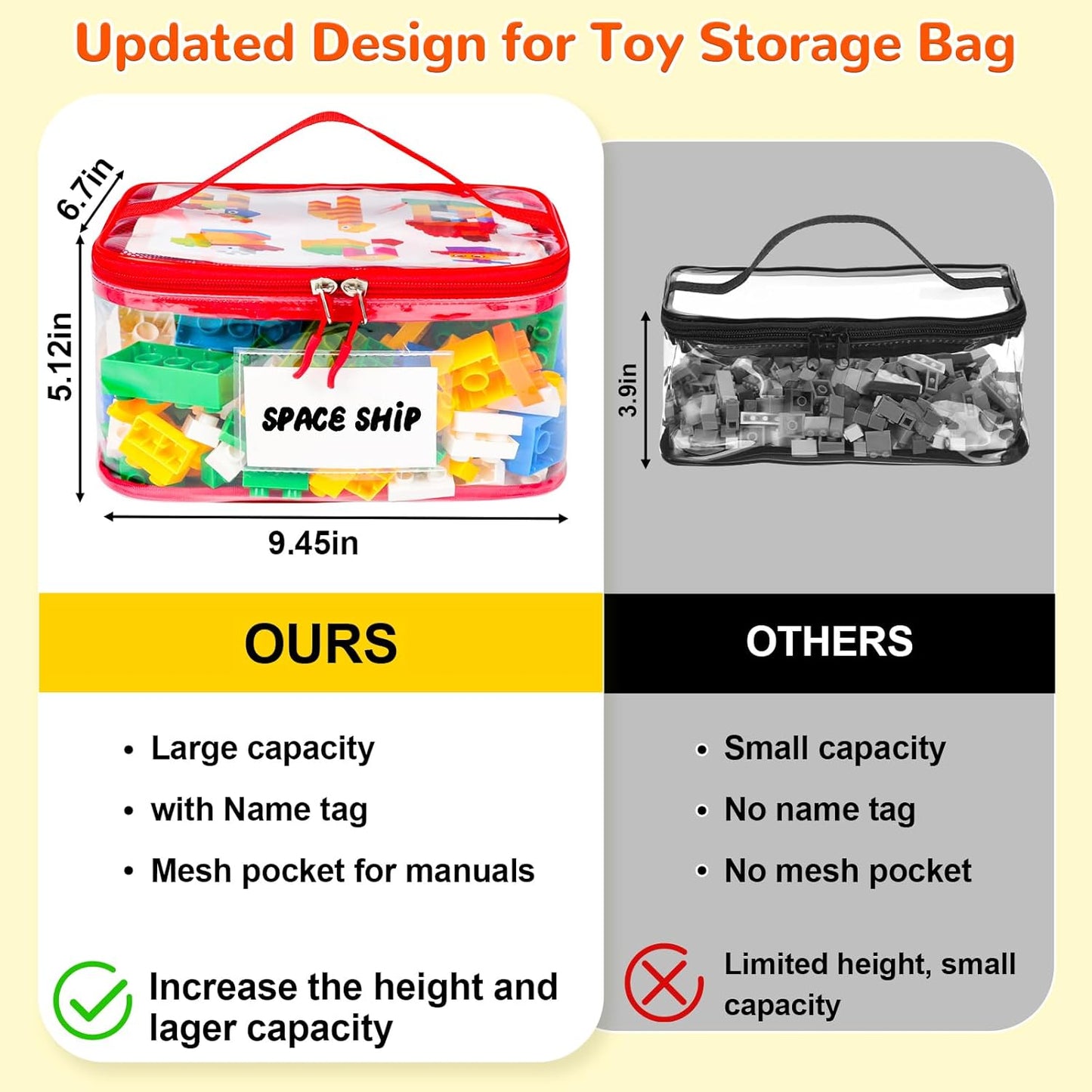 6 Pack Clear Toy Storage Bag with Name Tag& Manual Pocket, Waterproof Transparent PVC Toy Organizer Case for Lego Bricks, Board Games, Building Blocks, Puzzles (Large Capacity, Colorful)