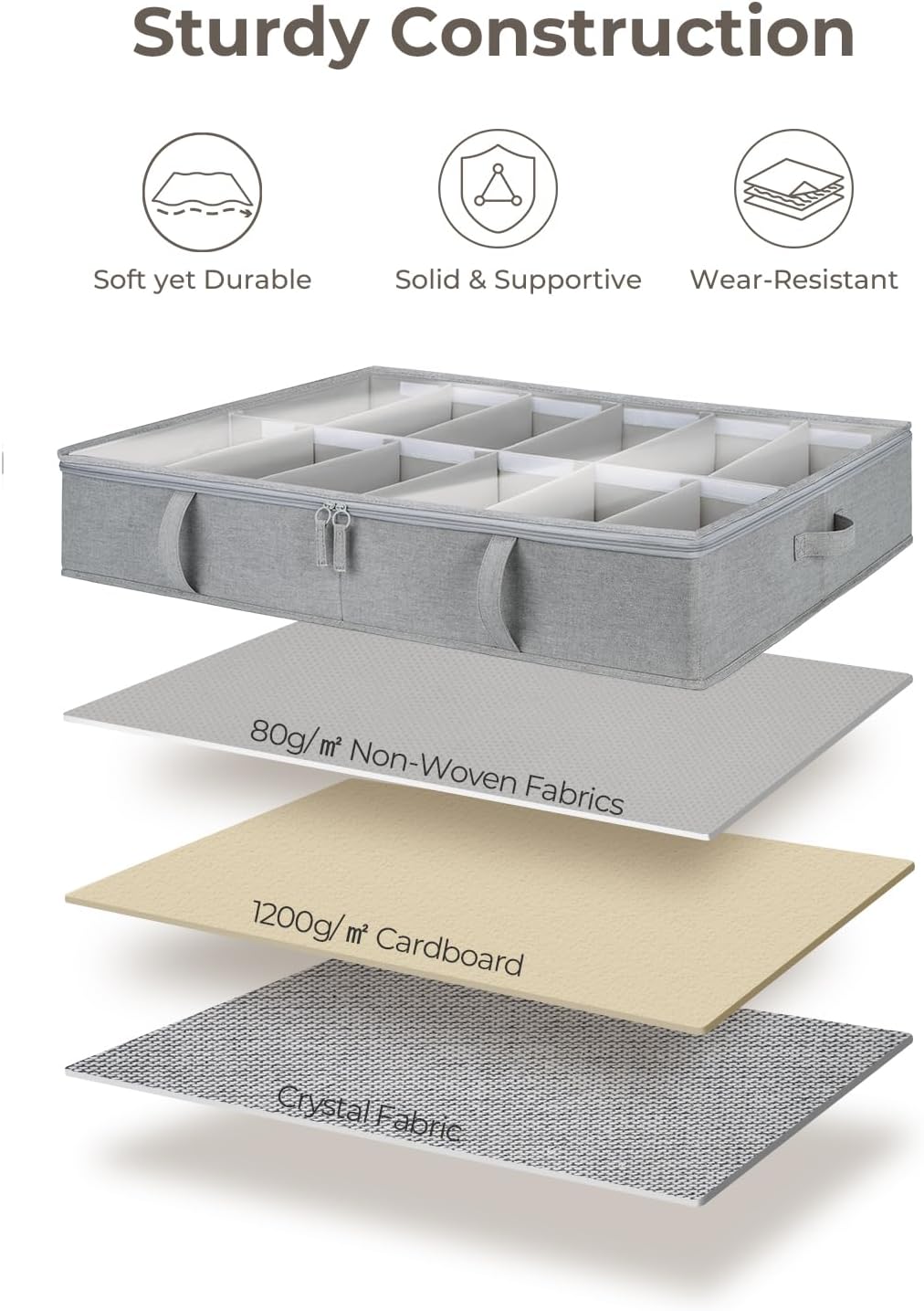 StorageWorks Shoe Organizer for Closet, Fits up to 24 Pairs, 2-Pack Ultra-thick Fabric Under Bed Shoe Storage Containers with Bottom Support and Adjustable Dividers, Grey