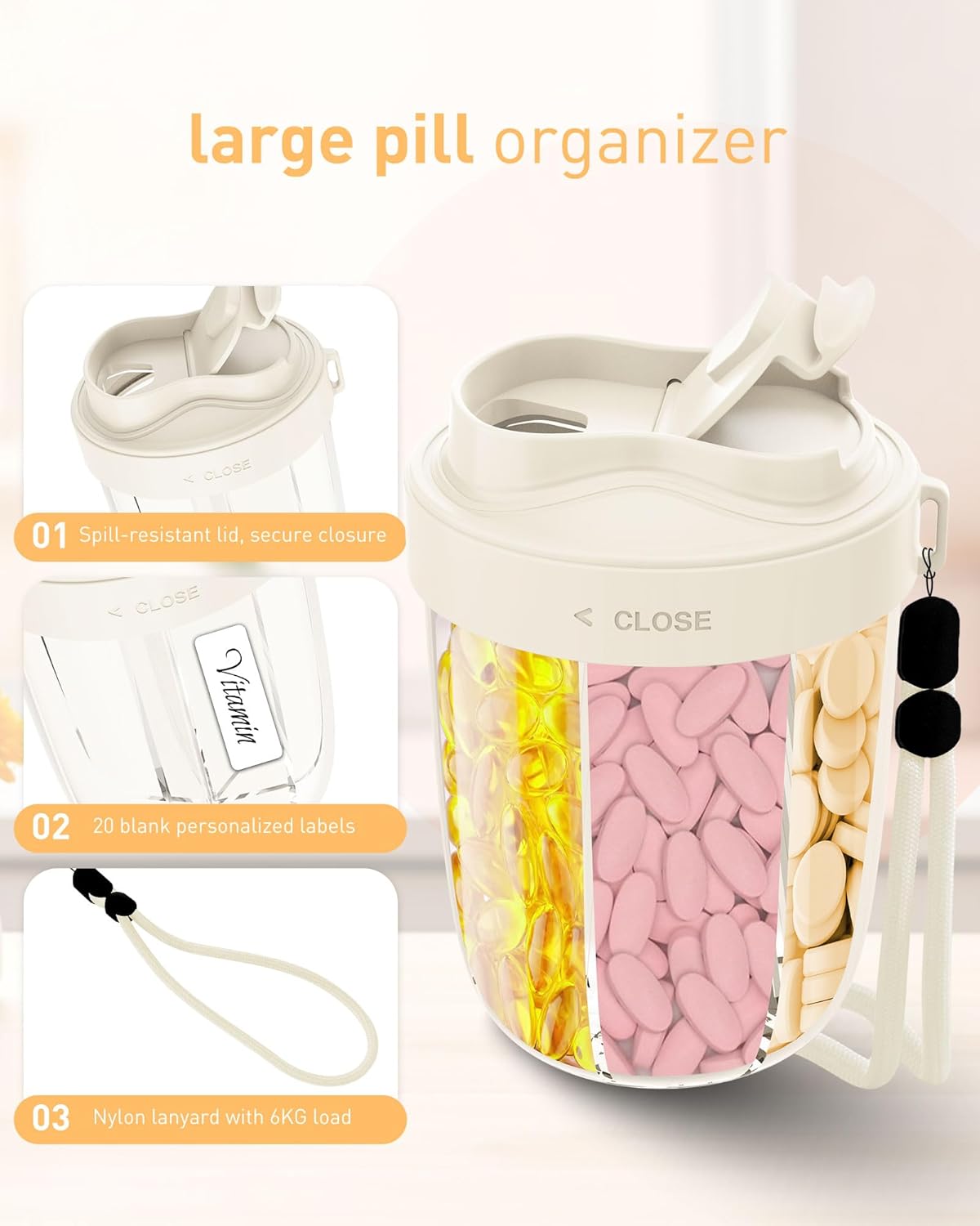 Large Pill Organizer,Supplement Organizer for 7 Different Vitamins,Pill Dispenser with Anti-Mixing Design,Easy to Retrieve Meds,Includes 20 Pcs Labels,Travel Pill Organizer (Cream White)