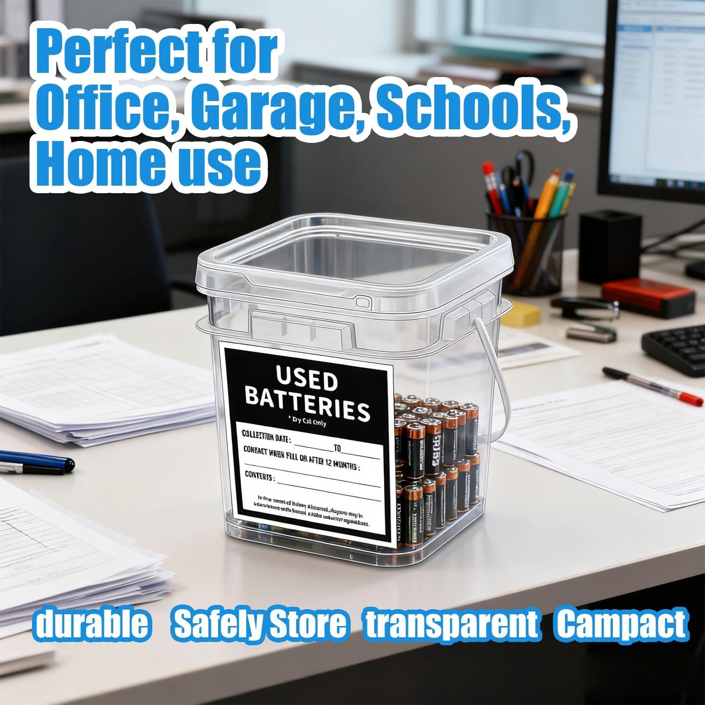 2 Pcs Battery Recycling Container with Battery Testers for Household Batteries, Used Battery Disposal Container with lid for Home Use, Office, Garage, Schools (1.32 Gallon)
