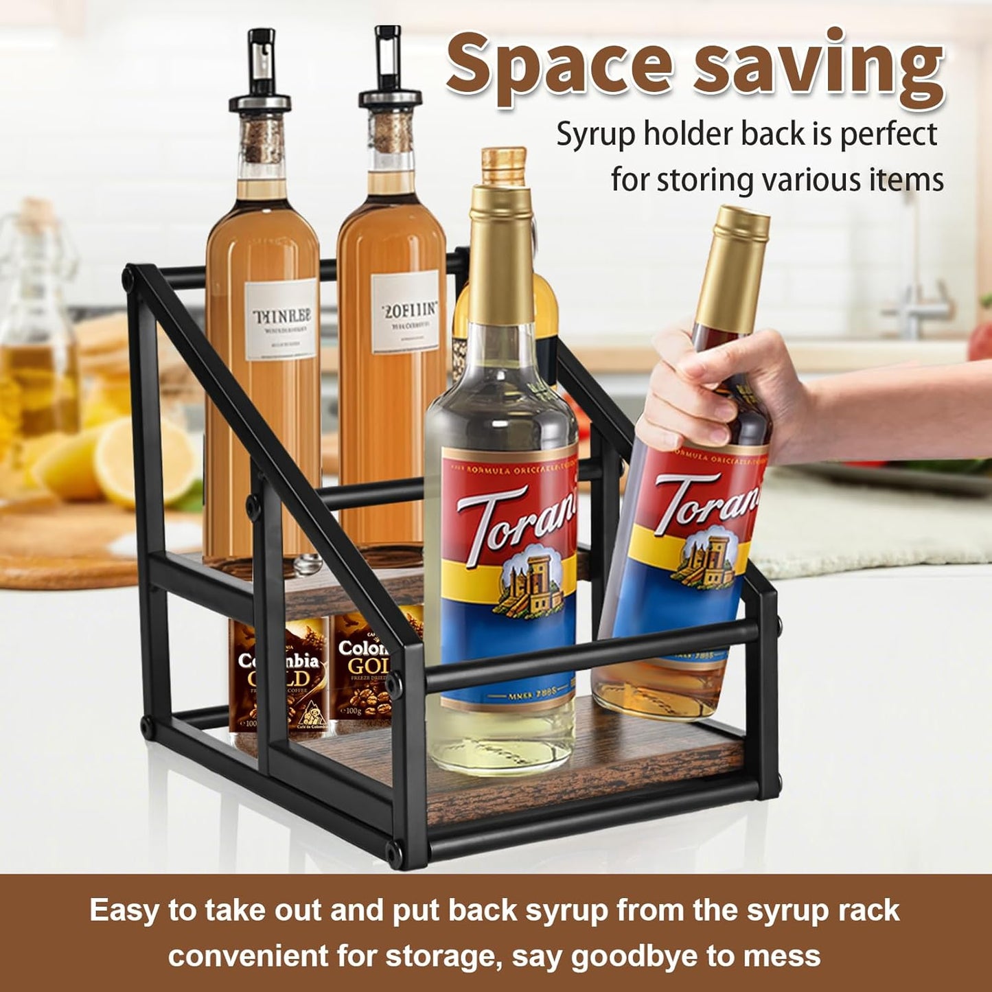 Coffee Syrup Rack Organizer,Liquor Bottle Display Shelf,2-Tier 4 Bottle Stand for Coffee Bar, Kitchen Station, Liquor, Wine, Dressing,Rustic Brown
