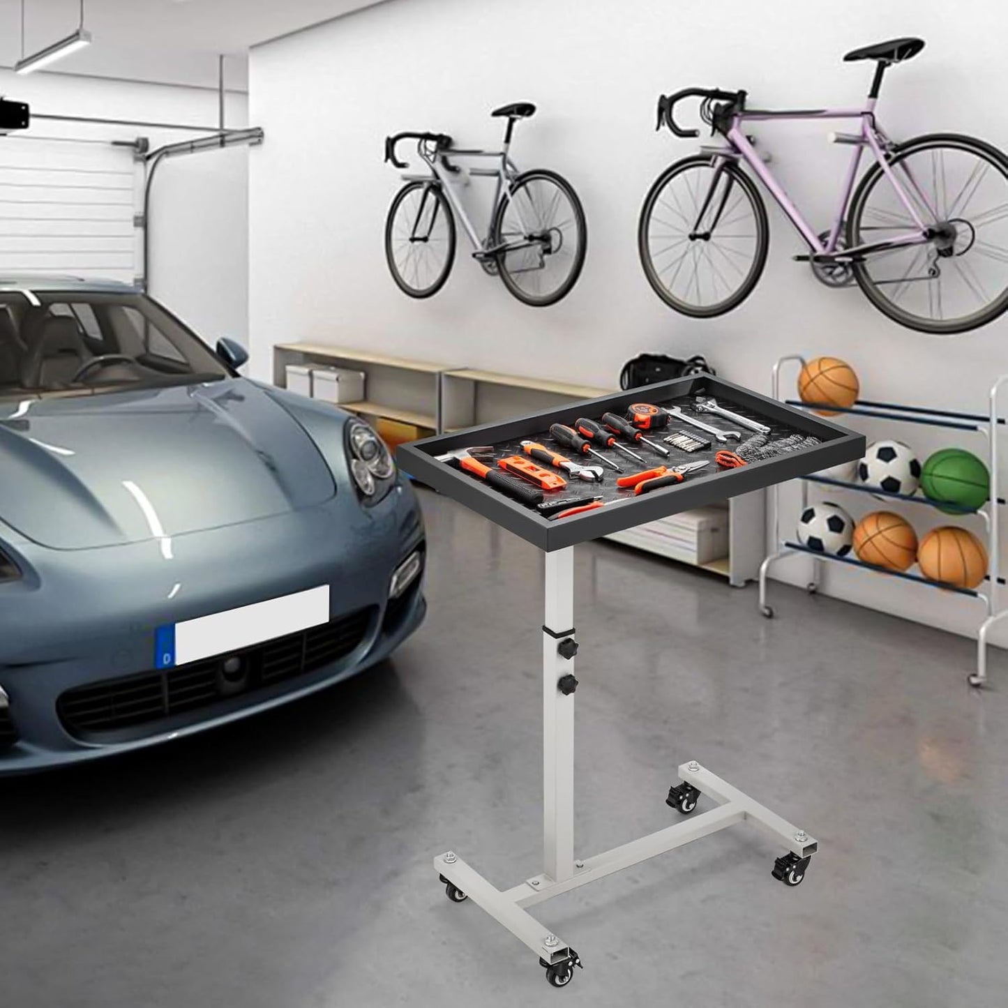 Adjustable Work Table with Wheels, Mechanic Rolling Tool Tray Table for Garage Repair Shops DIY, 220LBS Capacity Mobile Heavy Duty Steel Tool Cart (Gray)