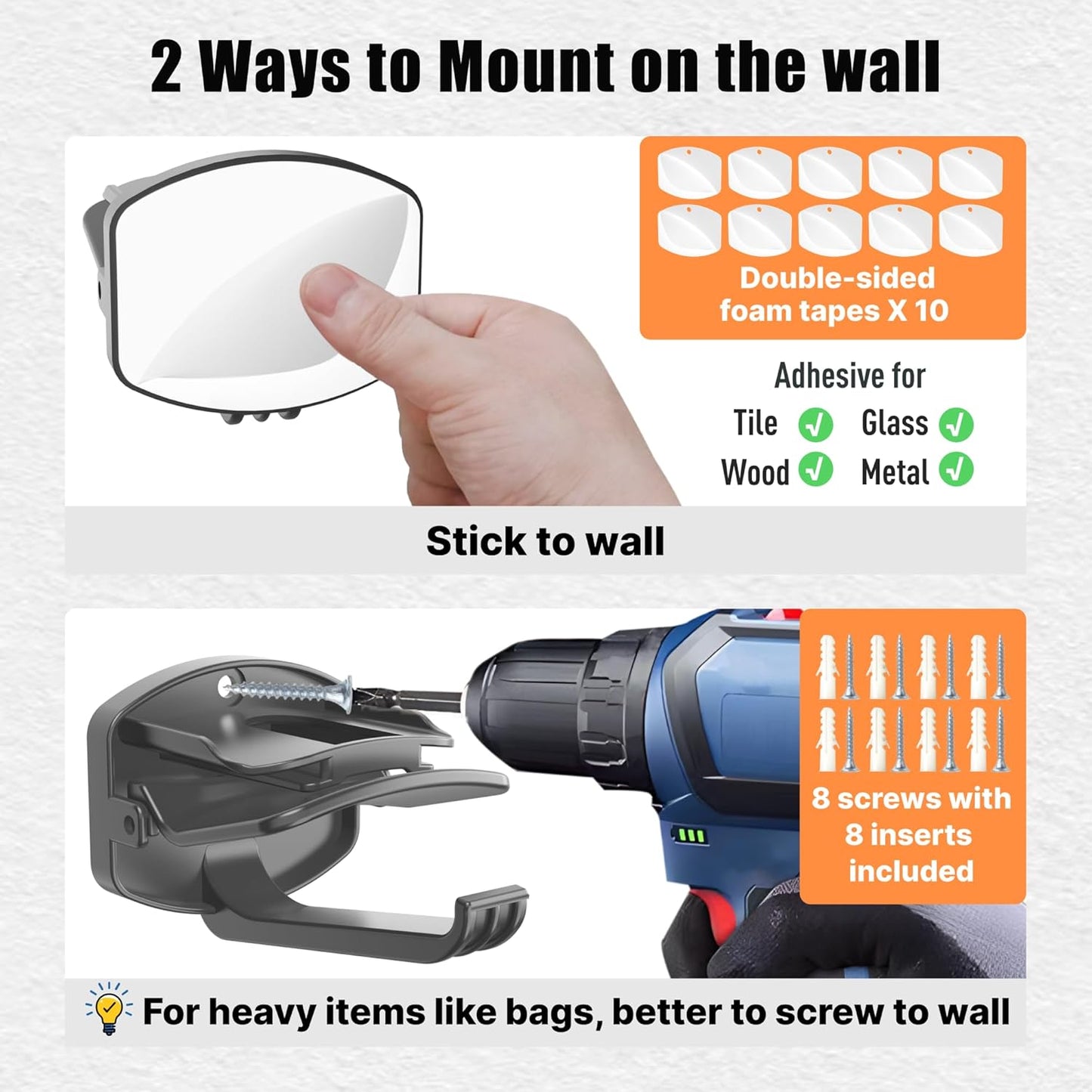 8 Packs Hat Organizer ,Holds 40 Hats with Built-in Spring Clips & Hook for Baseball Caps - Wall Mount Closet Hat Rack Holder, Storage for Door/Closet Hat Hanger (Strong Adhesive & Screws)