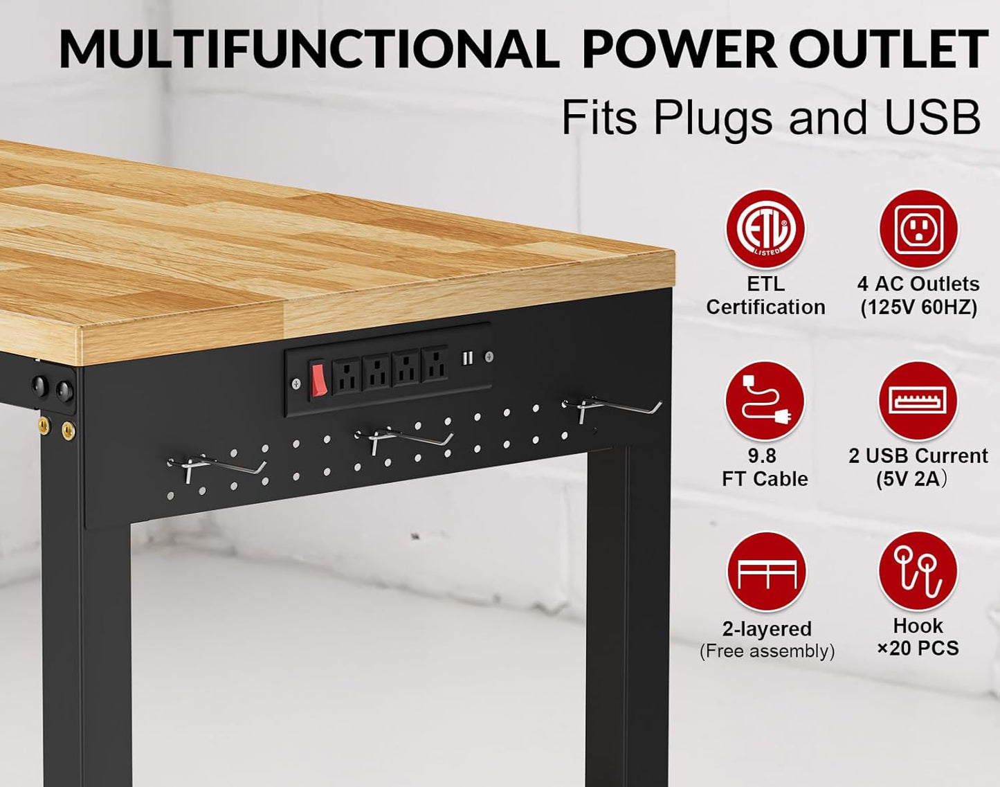 72”Heavy Duty Work Bench, 2-Layer Adjustable Workbench, 5000 LBS Capacity Work Bench with Power Outlet & Pegboard, Rubber Wood Work Table for Garage, Workshop, Office, Home