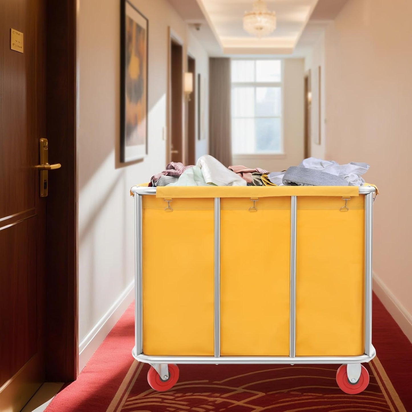 Commercial Laundry Cart with Wheels, Laundry Hamper Cart,Heavy Duty Rolling Laundry Basket with Large Capacity,Laundry Sorter Trolley for Home Hotel Apartment (Yellow, 35.43 * 25.6 * 31.5in)