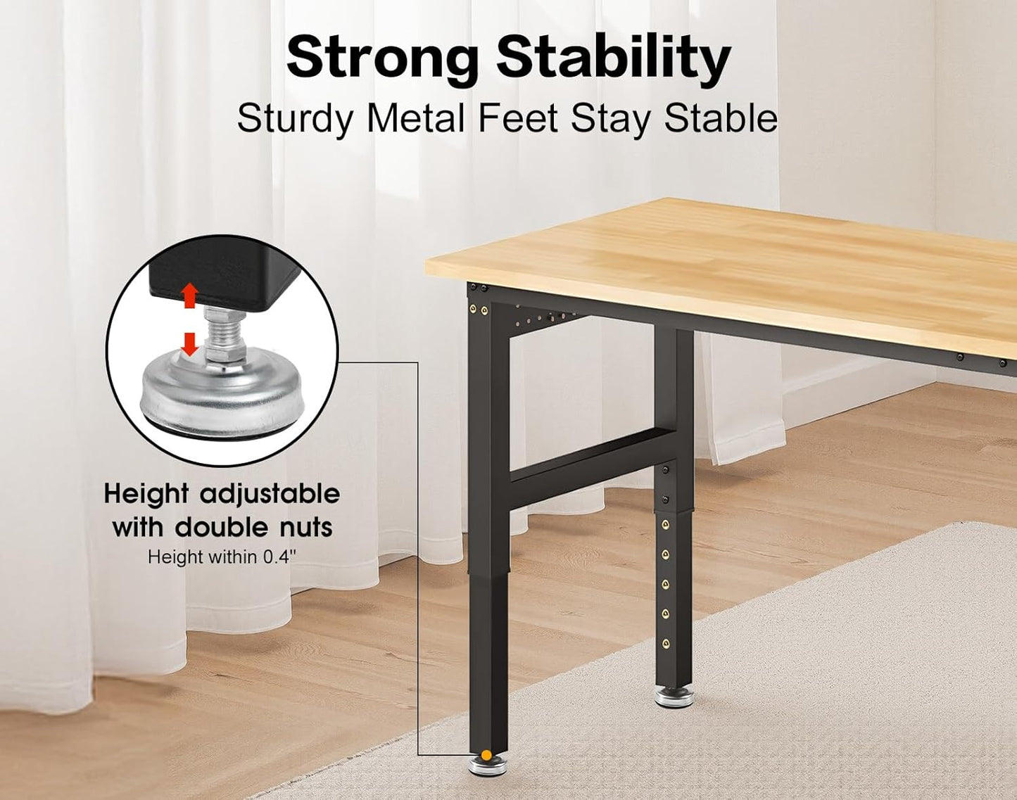 84” Heavy Duty Workbench, 5000 LBS Capacity Adjustable Work Bench with Pegboard and Power Outlet, Rubber Wood Work Table for Garage, Office, Workshop, Home