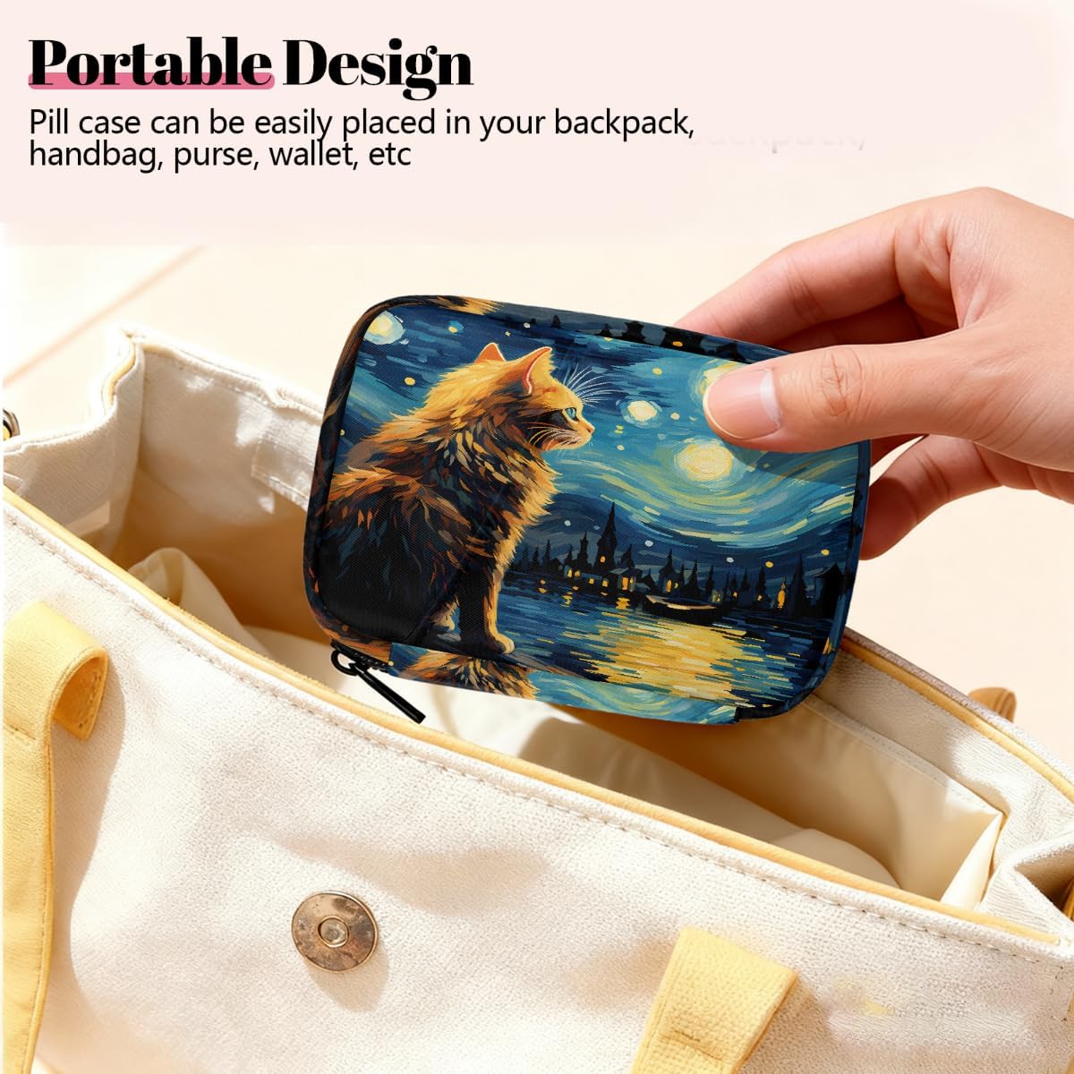 Oil Painting Starry Sky Cat Pill Organizer Travel Medicine Case with Zipper Daily Vitamin Storage Bag Portable 8 Slot Weekly Pill Box Supplement Holder for Home Office Gym Travel
