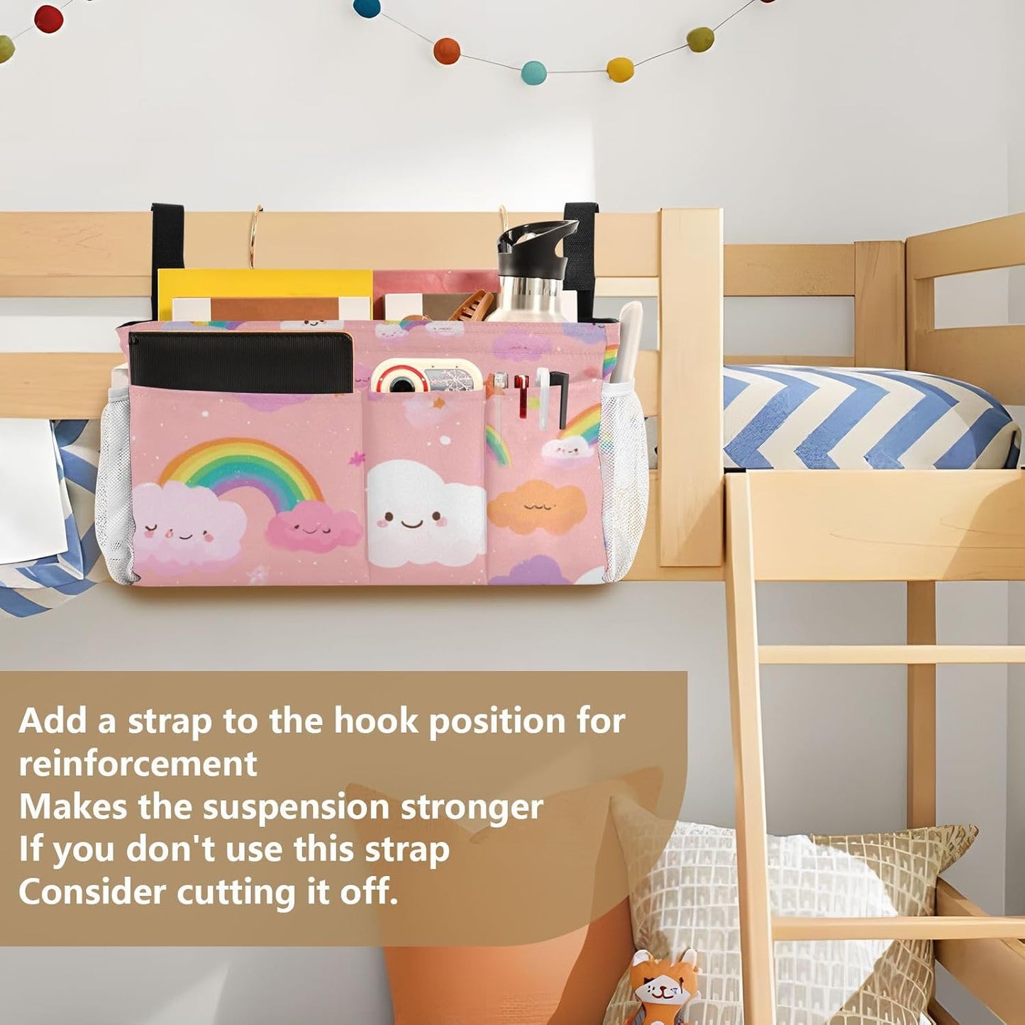 Multicolored Stars Rainbows Bedside Caddy for Dorm Bed Bedside Hanging Caddy Bag Iron Frame Storage Organizer Pocket for Bunk Home College Hospital Beds 2 Hooks