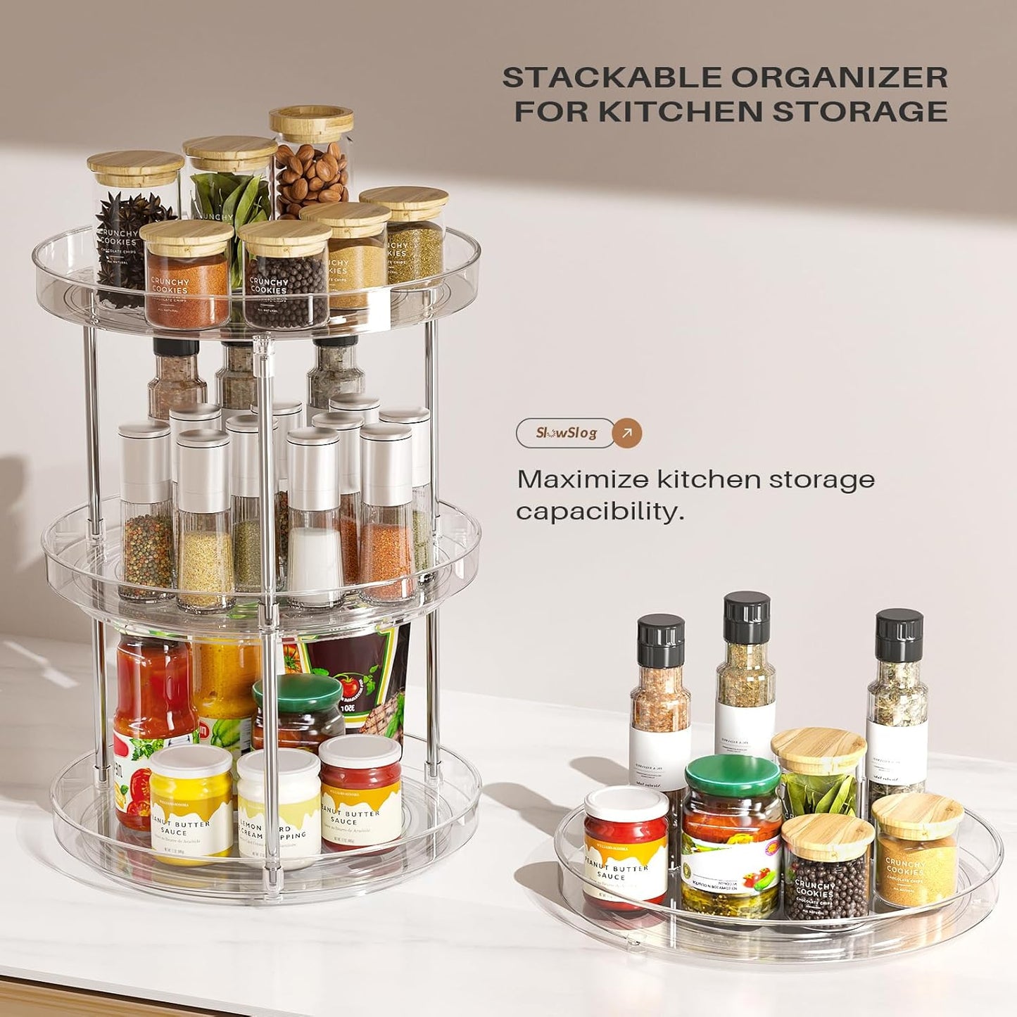 2 Pack 2 Tier Lazy Susan Turntable Organizer, Clear Rotating Lazy Susan, Spice Rack for Cabinet, Makeup and Perfume Organizer for Vanity, Counter Organizer Tray for Kitchen, Bathroom