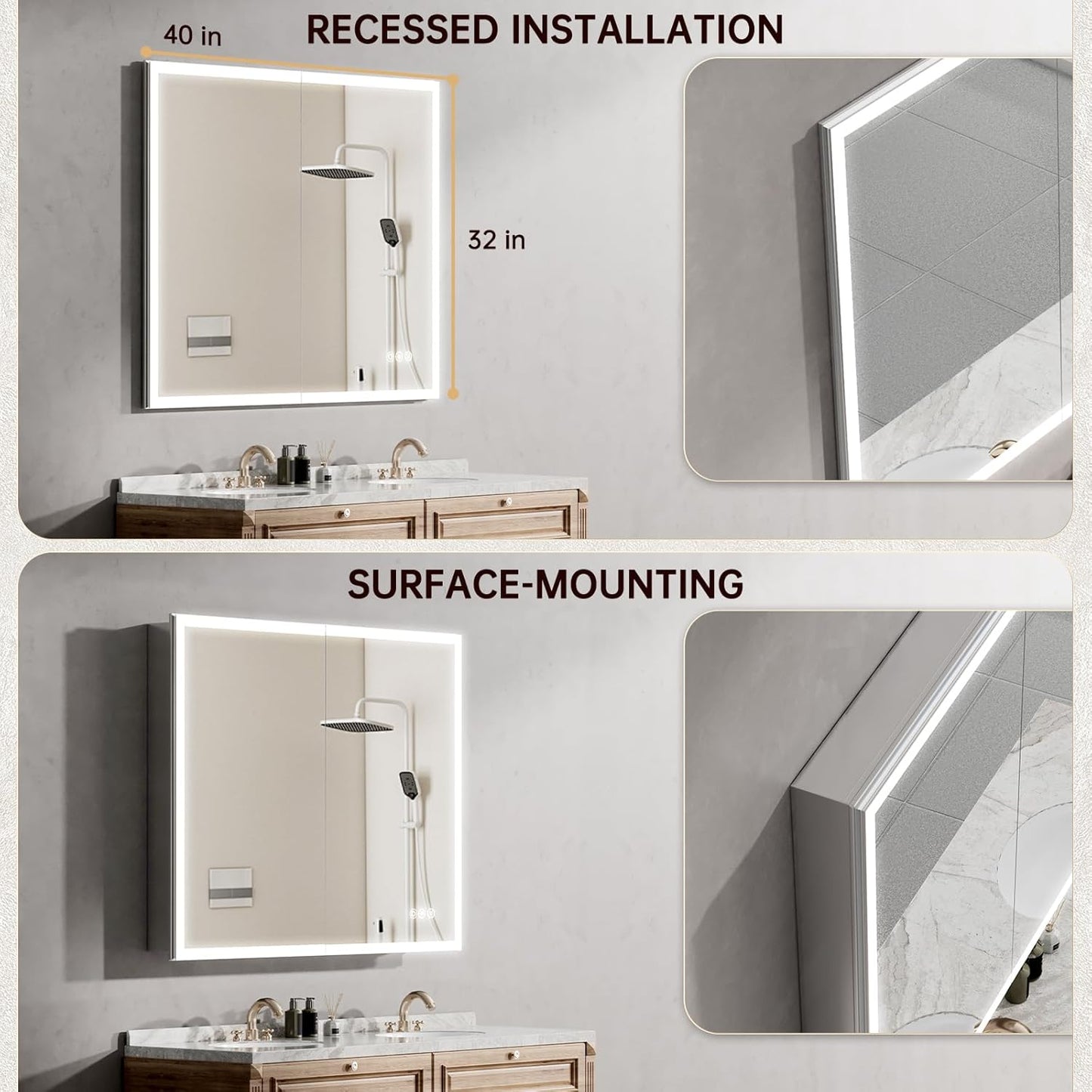 40"x32" Medicine Cabinet Mirror, LED Lighted Medicine Cabinet with Electrical Outlet&USB, Anti-Fog, 3 Colors Temperature Stepless Dimmable, Aluminum Cabinet for Storage and Mordern Decor