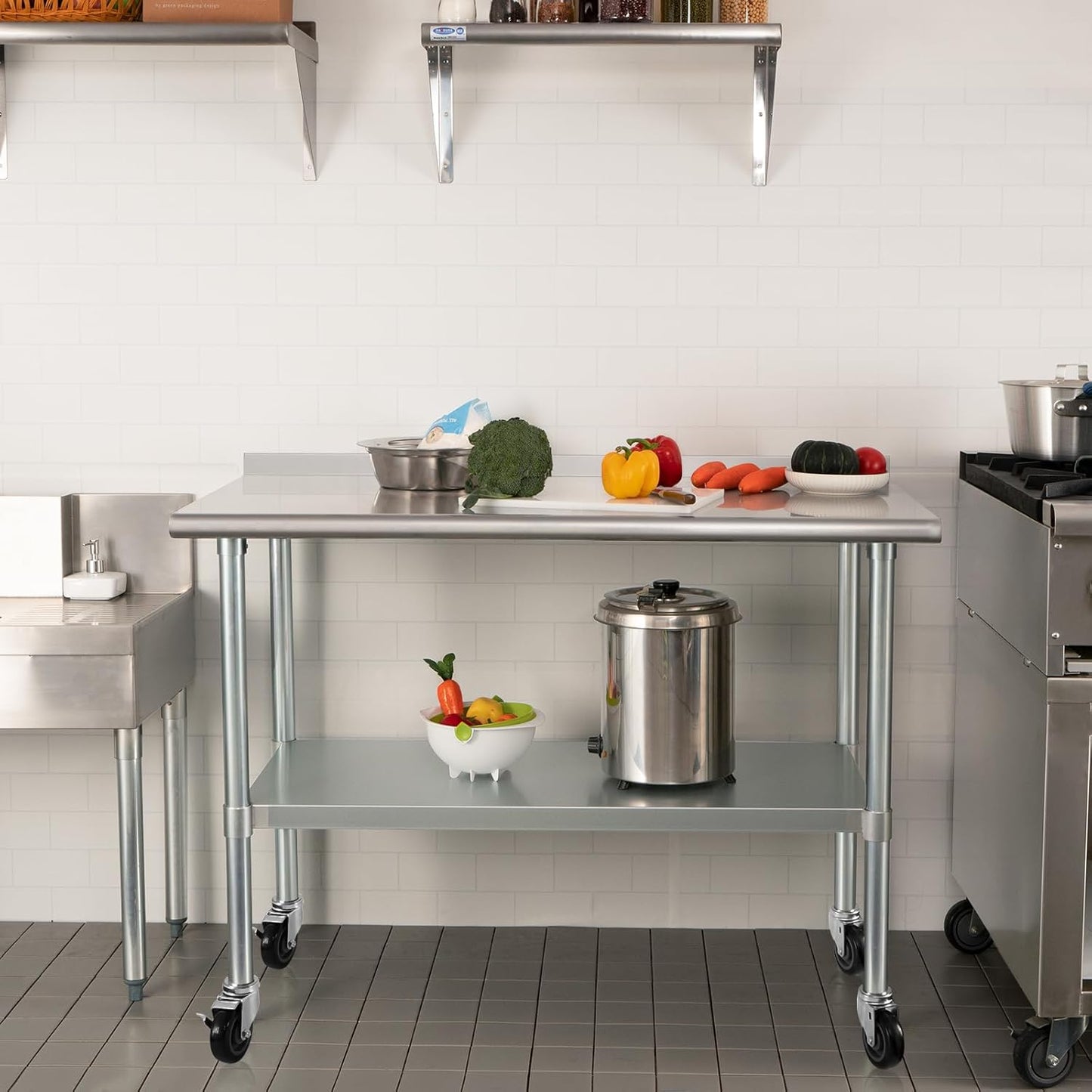 HARDURA Stainless Steel Table 24 x 48 Inches with Wheels Casters NSF Heavy Duty Commercial Prep Table with 2” Backsplash and Adjustable Undershelf for Restaurant Kitchen Home and Hotel
