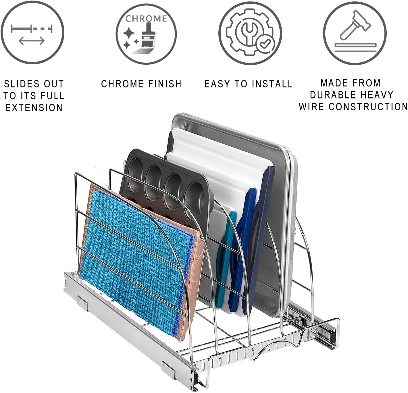HOLDN’ STORAGE Pull Out Organizer for Bakeware, Cutting Board and Trays, Adjustable Dividers - Heavy Duty, Lifetime Limited Warranty - For Narrow Cabinet Spaces, 12.5”W x 21”D x 11”H, Chrome