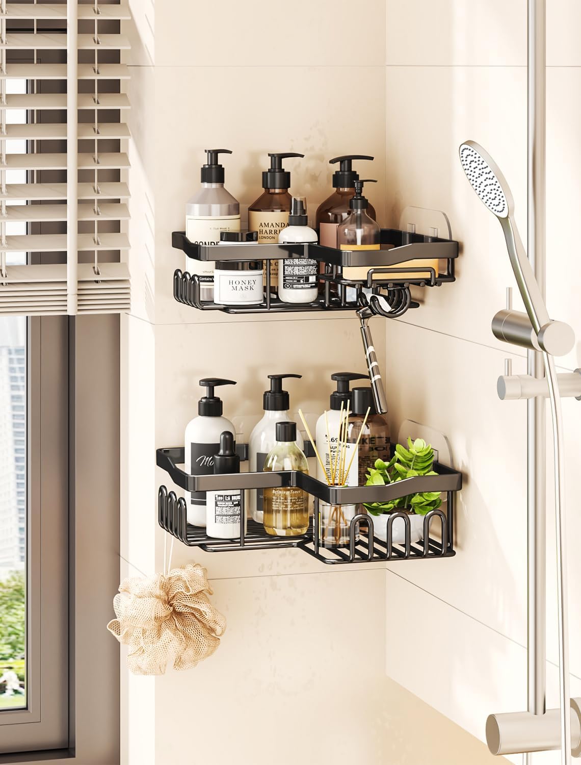 Corner Shower Caddy with Soap Holder, 2 Pack Stainless Steel Corner Shower Organizer with 11 Hooks, No Drilling & 6 Strong Adhesives Corner Shower Shelf Bathroom Organizer for Shower Room, Black