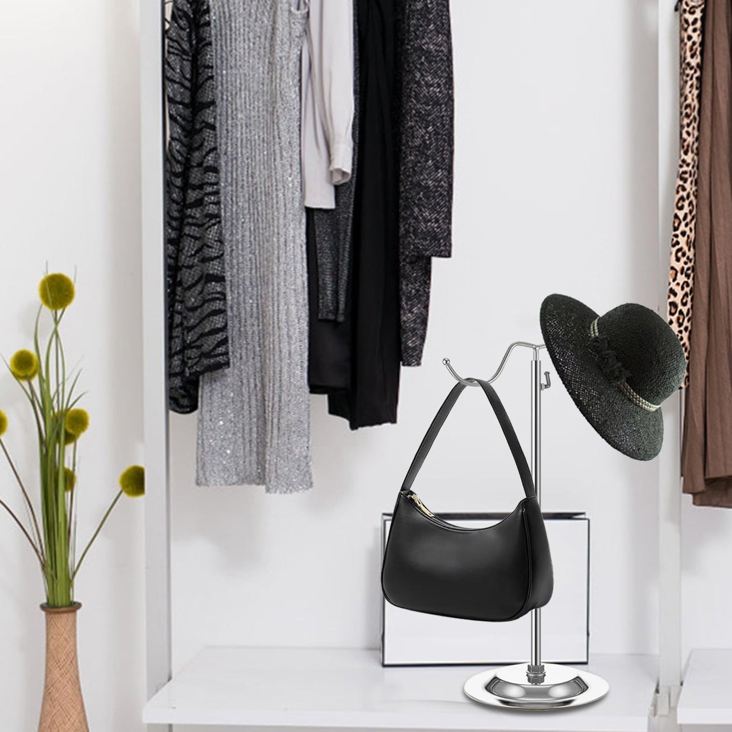 4 PCS Handbag Display Stands Adjustable Purse Display Stand Stainless Steel Double Hook Bag Display Stand Holder for Home Boutiques Store Counter Retail, Silver
