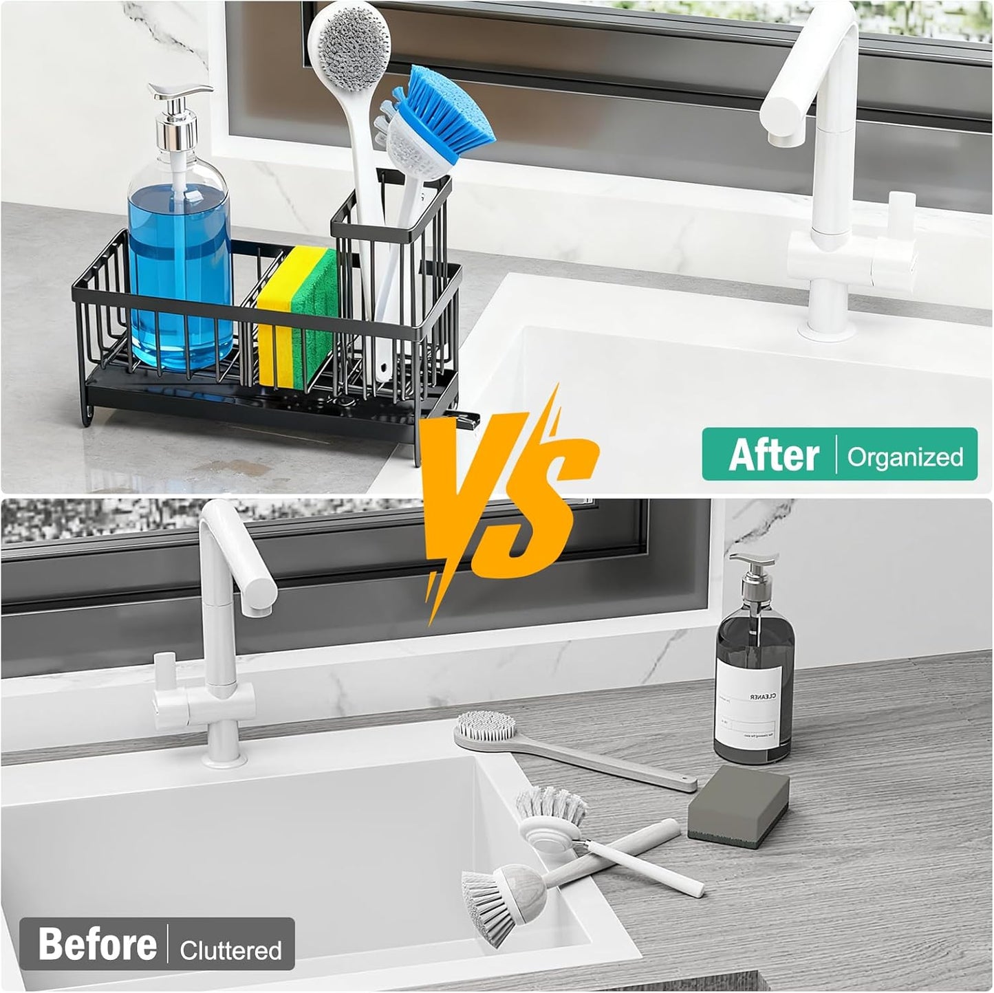 Sponge Holder for Kitchen Sink: 4 Pack Sink Caddy Organizer Complete with High Brush Holder & Auto Drain Tray, Stainless Steel Countertop Storage for Soap Dispenser & Dish Brush, Fast Local Shipping