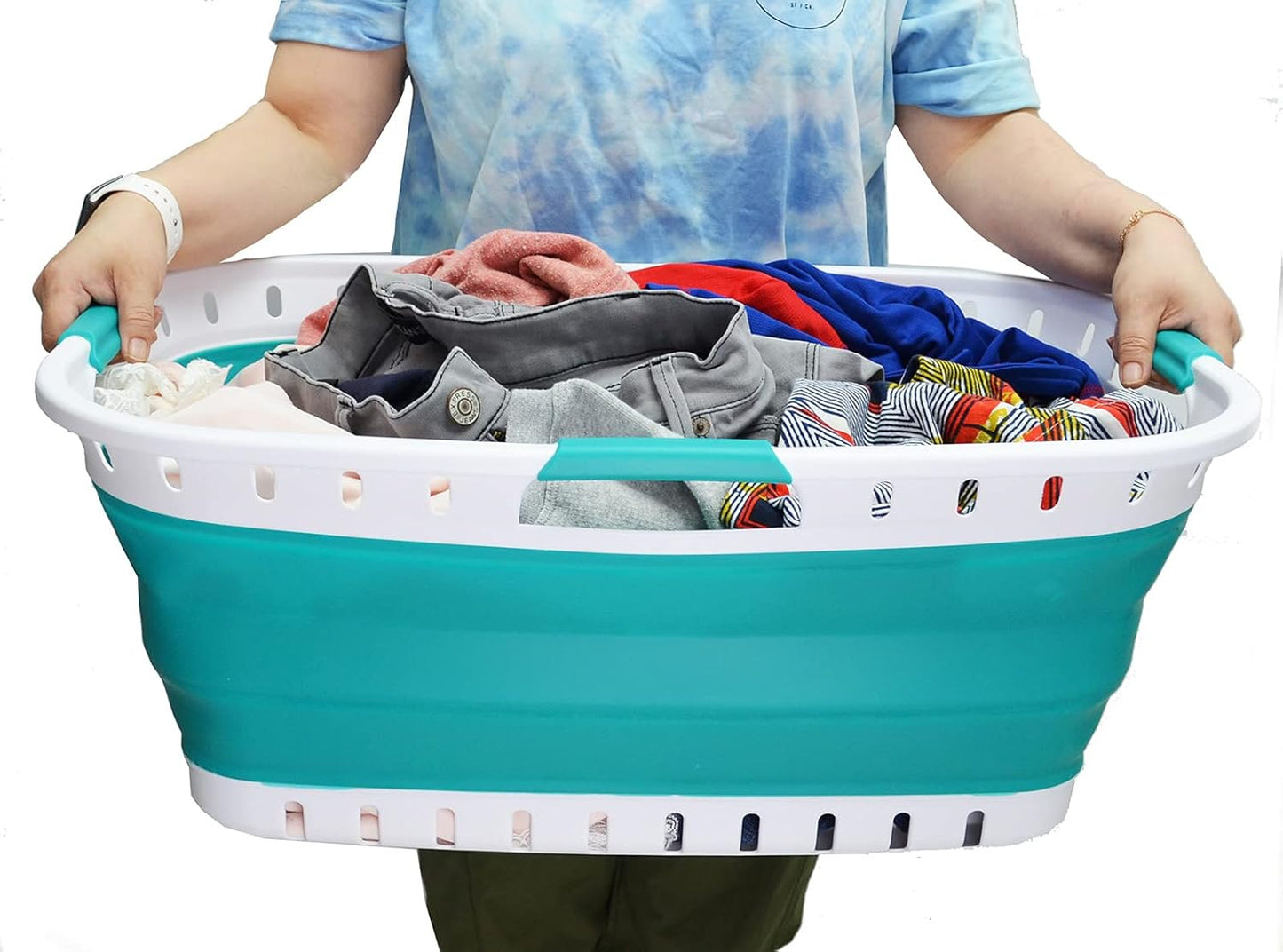SAMMART 44L Collapsible Plastic Laundry Basket - Foldable Pop Up Storage Container/Organizer - Portable Washing Tub - (1, White/Bluish-Green), Size : 25.4 x 17.3 x 10.2 inches