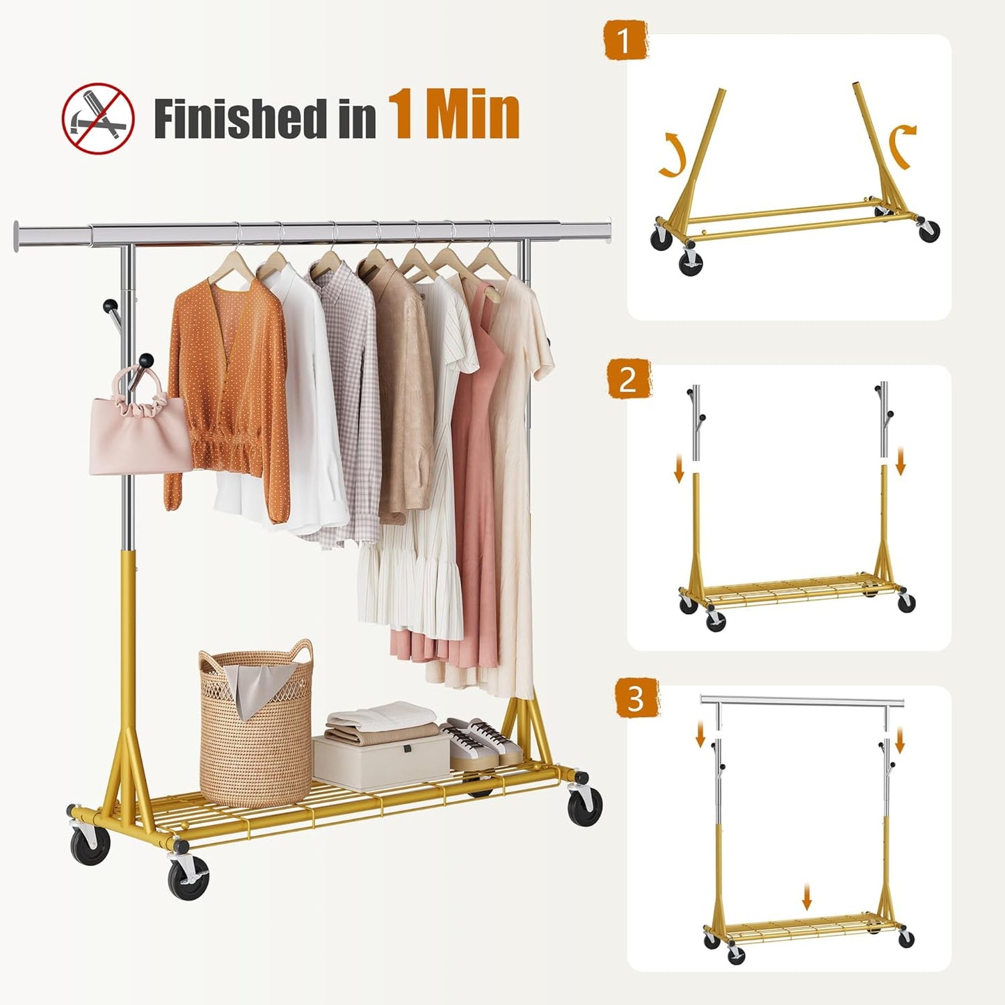 Rolling Clothes Rack Load 530lbs,Heavy Duty Garment Rack With Sturdy Wheel And Shelves, Adjustable Portable Hanging Rack For Clothes, Stainless Steel, Gold