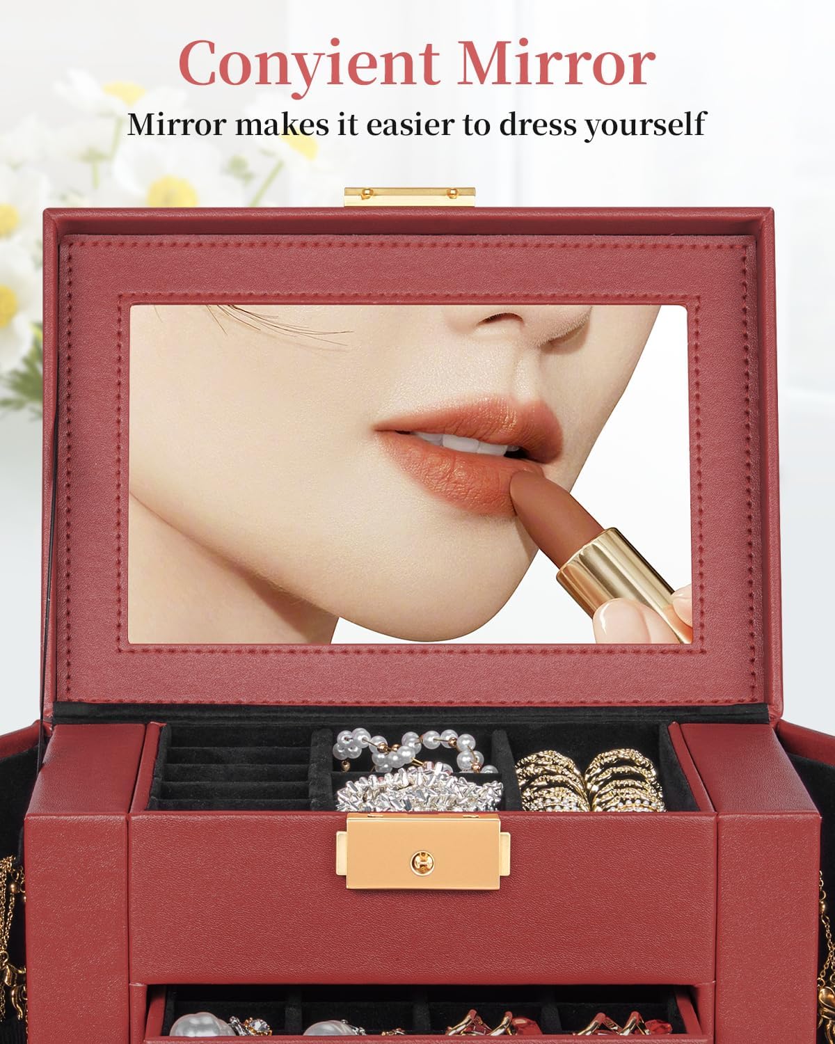 TORIBIO Jewelry Box for Women, Leather Jewelry Organizer with Mirror & Lock, 4-Tier Jewelry Storage Organizer with 3 Drawers for Girls/Women/Mothers, Necklace Earring Bracelets Holder Organizer