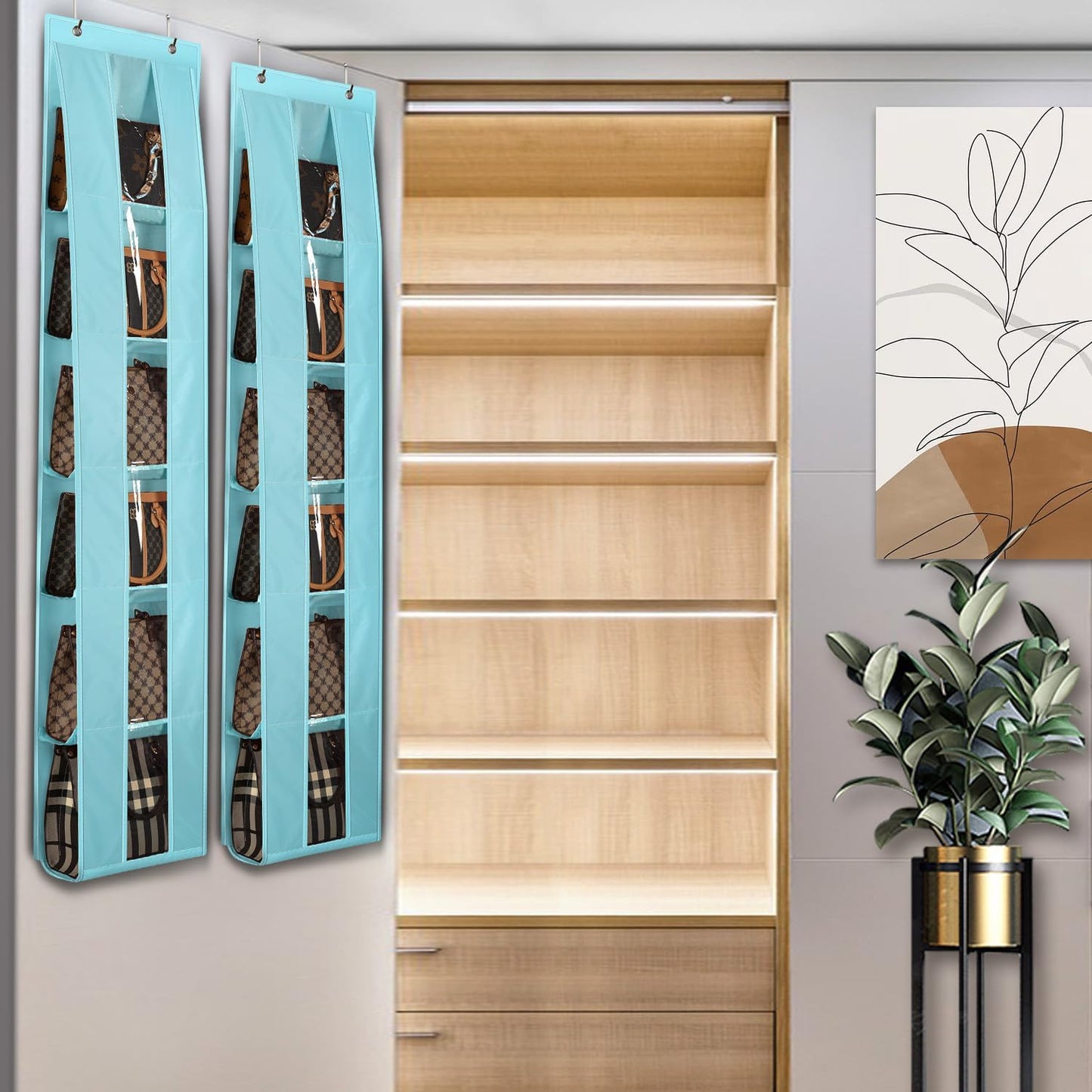 Lirex Over the Door Organizer, 2 Pack Handbag Storage with 6-Tier Space-Saving for Door or Closet, Handbag Hanger, Light Blue