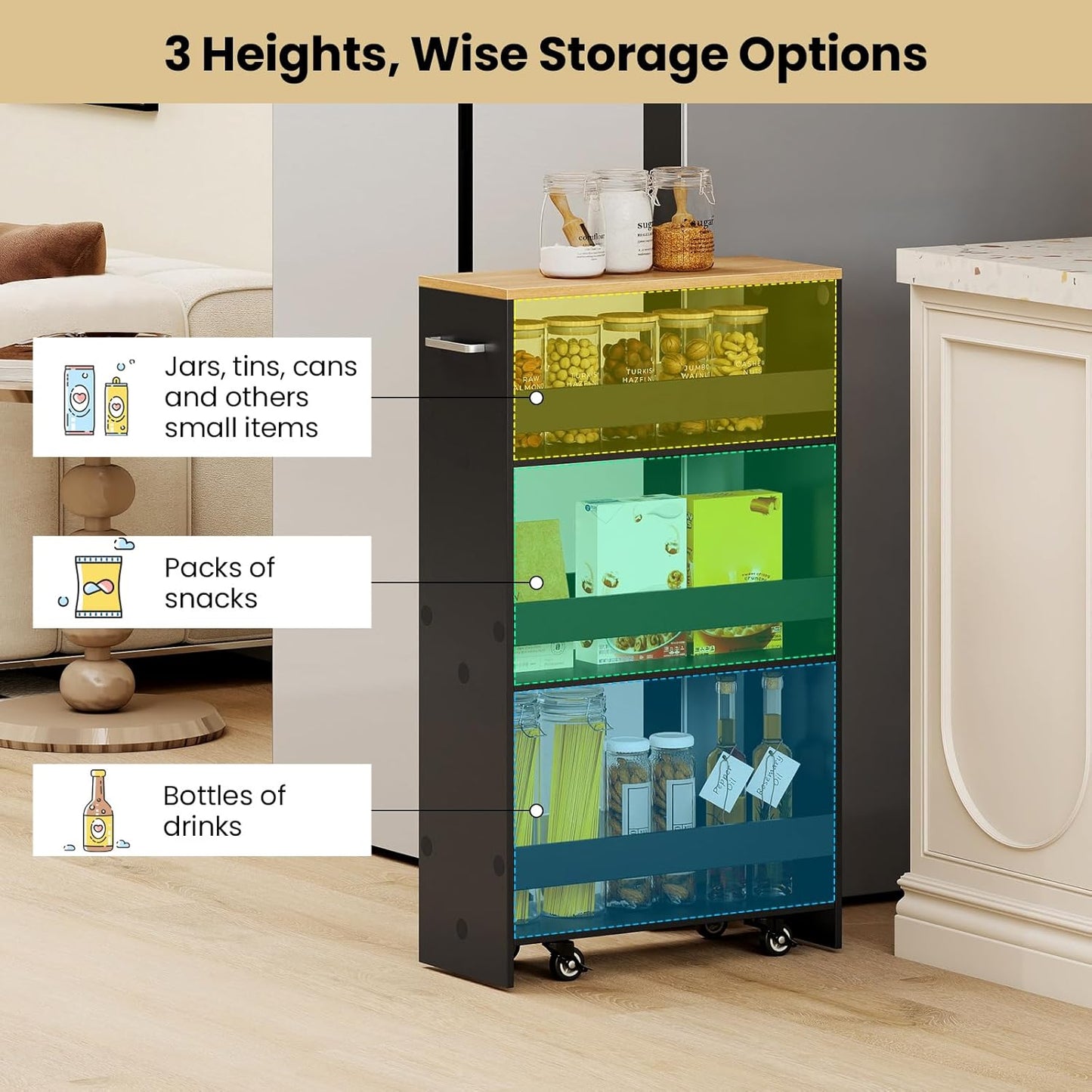 Small Kitchen Cart, 4-Tier Slim Rolling Island w/Handle, Laundry Room Storage Organizers Between Washer and Dryer, Narrow Spice Rack on Wheels Next to Fridge (Black, 8'')