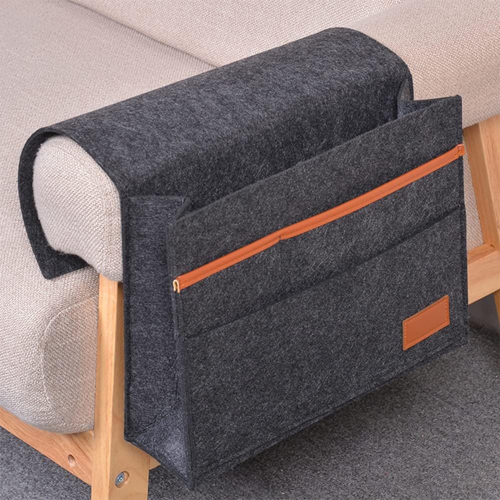 Bedside Caddy for Dorm and Bed Storage - Black Felt Organizer with 5 Pockets for Book, Phone, Tablet, iPad and Remote Holder