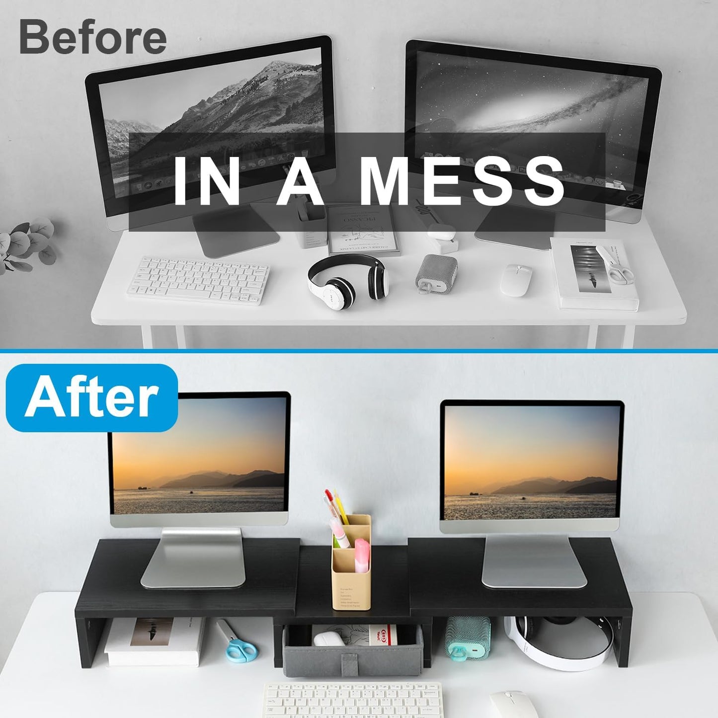TEAMIX Dual Monitor Stand Riser with Drawer - Length and Angle Adjustable Double Monitor Riser Corner Desk Shelf Organizer 37 inch Long Monitor Riser for 2 Monitors/Laptop/PC/Screen/TV