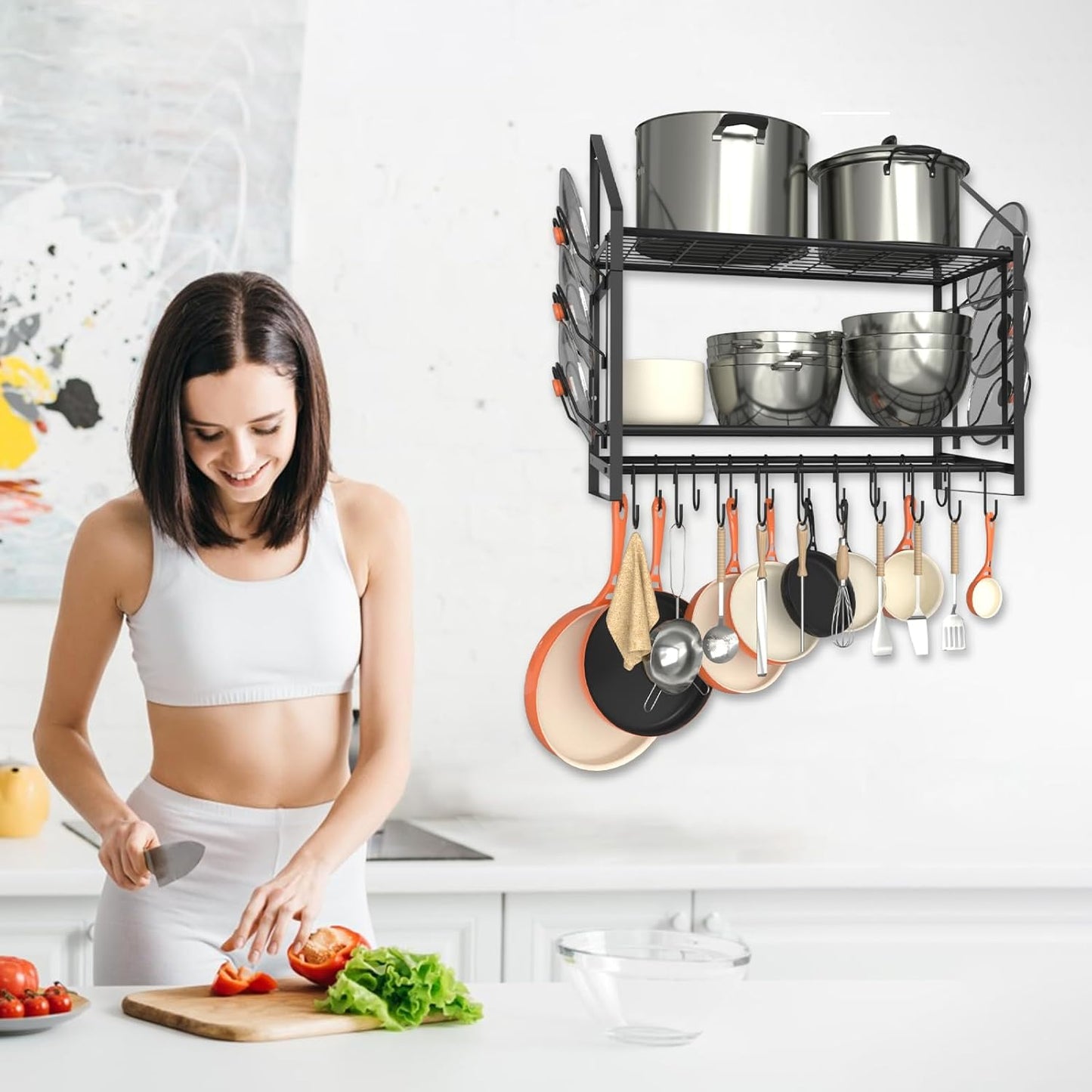 28 Inch Pot Rack Wall Mounted, 2 Tier Pots and Pans Organizer with 20 Hooks and 6 Pot Lid Holders, Heavy Duty Steel Pot and Pan Hanger for Kitchen Cookware Utensils Storage 34.7" Lx13 Wx26.4 H