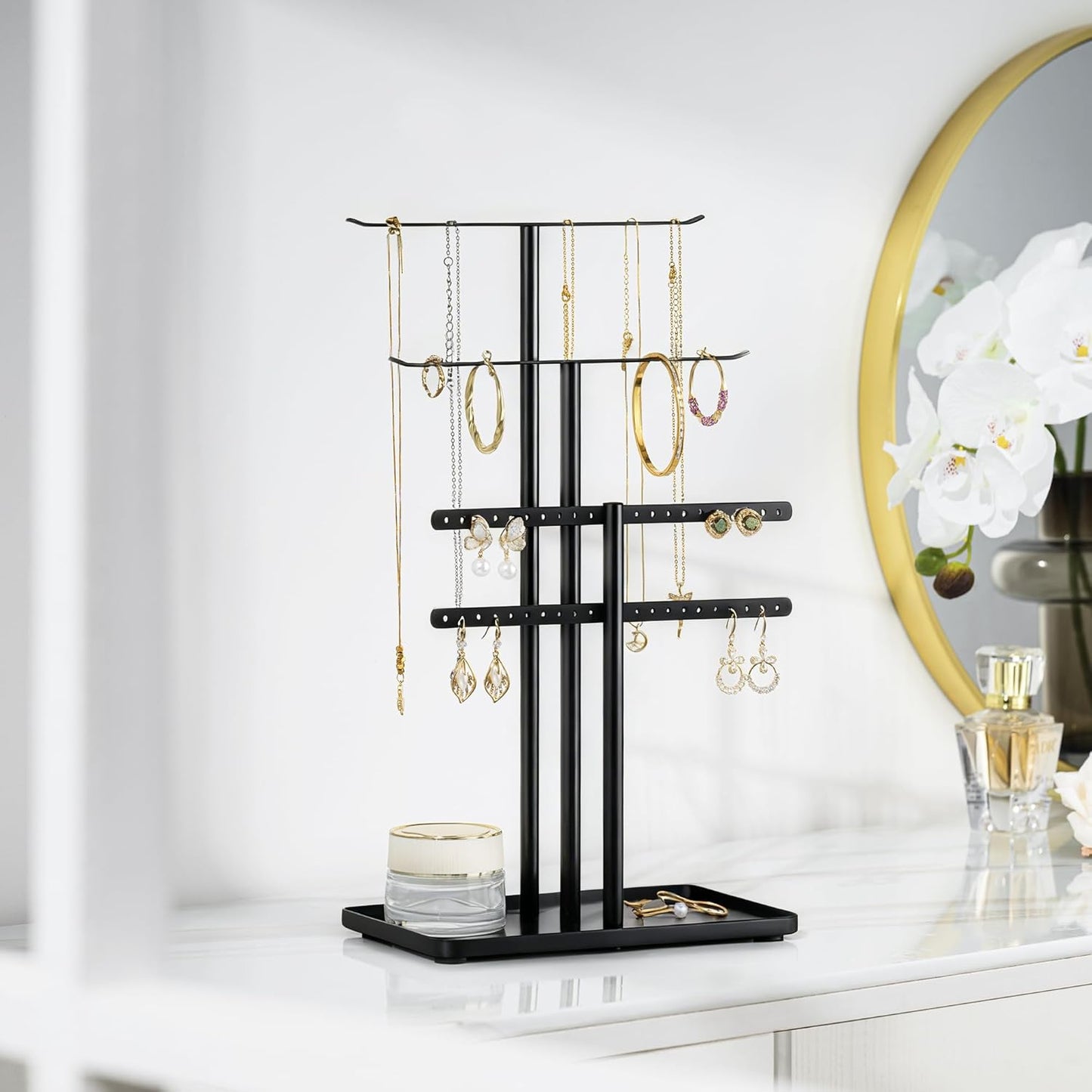 pickpiff Jewelry Stand Organizer, 14.5" Tall Sturdy Metal, 3-Tier Jewelry Holder for Necklace, Earring, Bracelet, Ring, Hanger for Display and Storage, Aesthetic Room Decor, Black